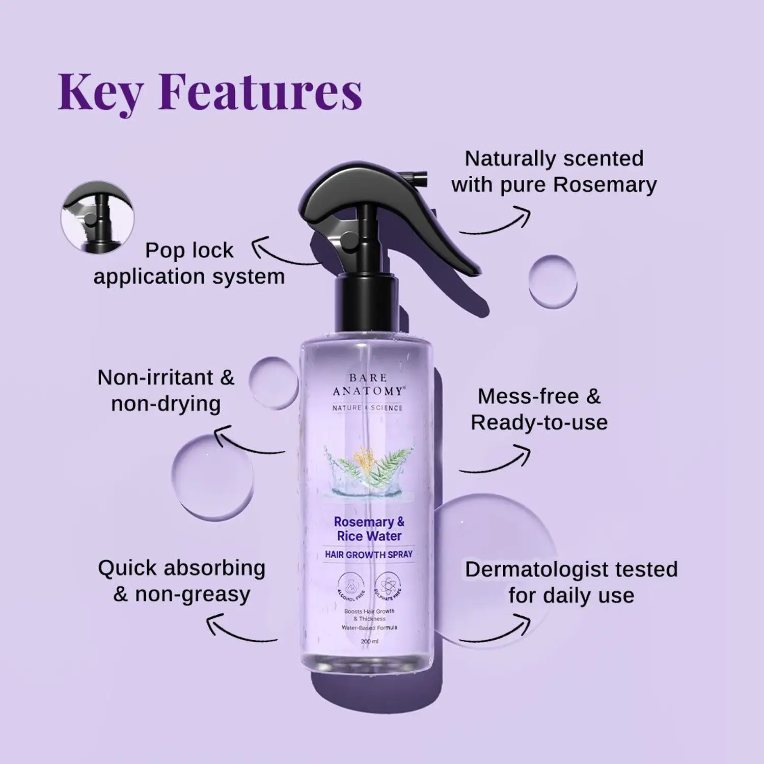 Bare Anatomy Rosemary & Rice Water Hair Growth Spray | Leave-In Scalp Treatment | Frizz-Free Hair Mist-3