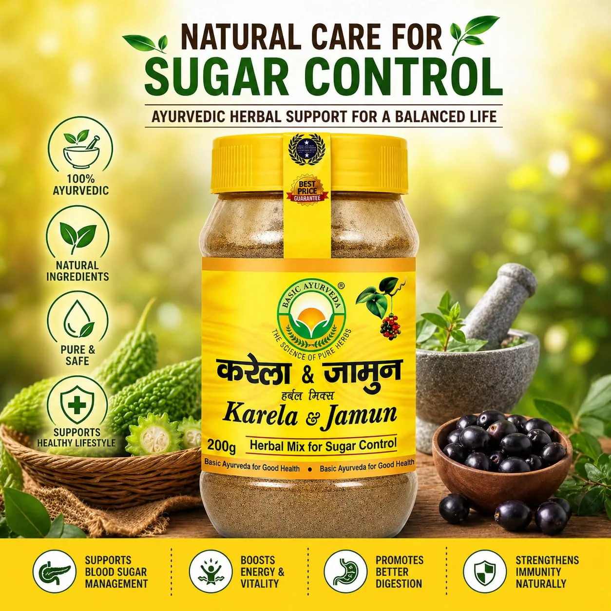 Basic Ayurveda Karela & Jamun Herbal Mix | Ayurvedic Blood Sugar Support Supplement-2