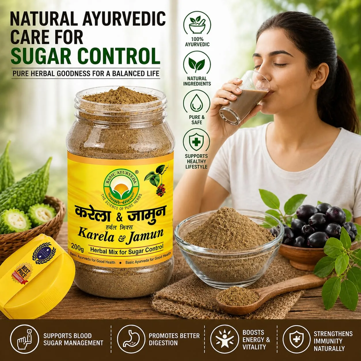 Basic Ayurveda Karela & Jamun Herbal Mix | Ayurvedic Blood Sugar Support Supplement-3