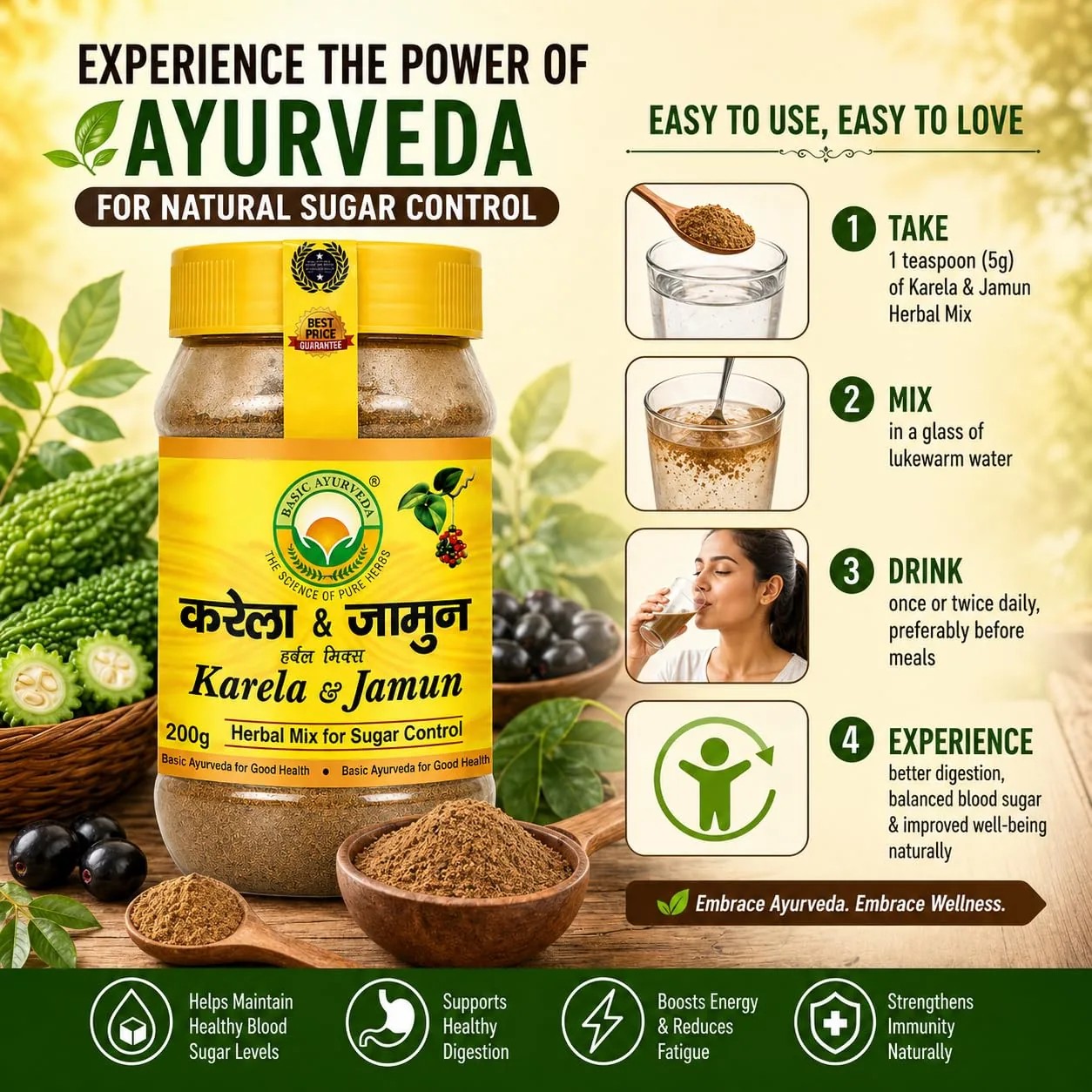 Basic Ayurveda Karela & Jamun Herbal Mix | Ayurvedic Blood Sugar Support Supplement-4
