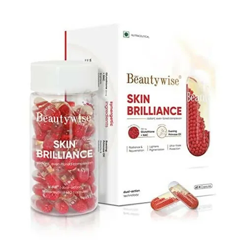 Beautywise Dual Action Skin Brilliance Veg Capsules | Liposomal Glutathione & Evening Primrose Oil Supplement | Advanced Skin Brightening & Hydration Formula