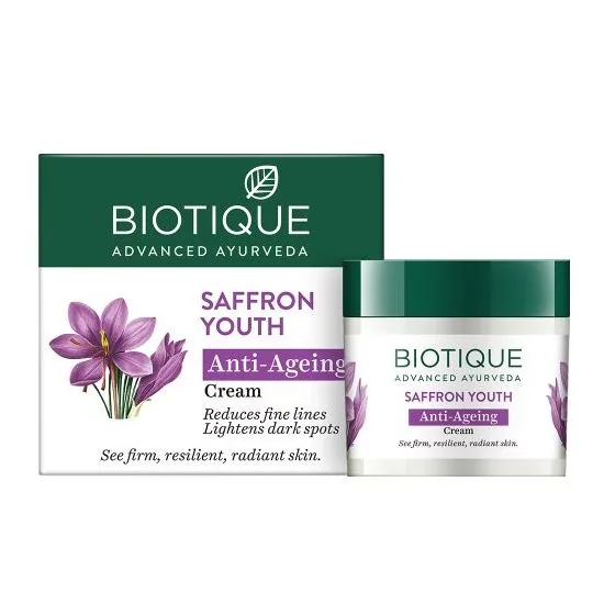 Biotique Advanced Ayurveda Bio Saffron Youth Anti-aging Cream | Hydrating Face Moisturizer | Dewy Glow & Fine Line Care