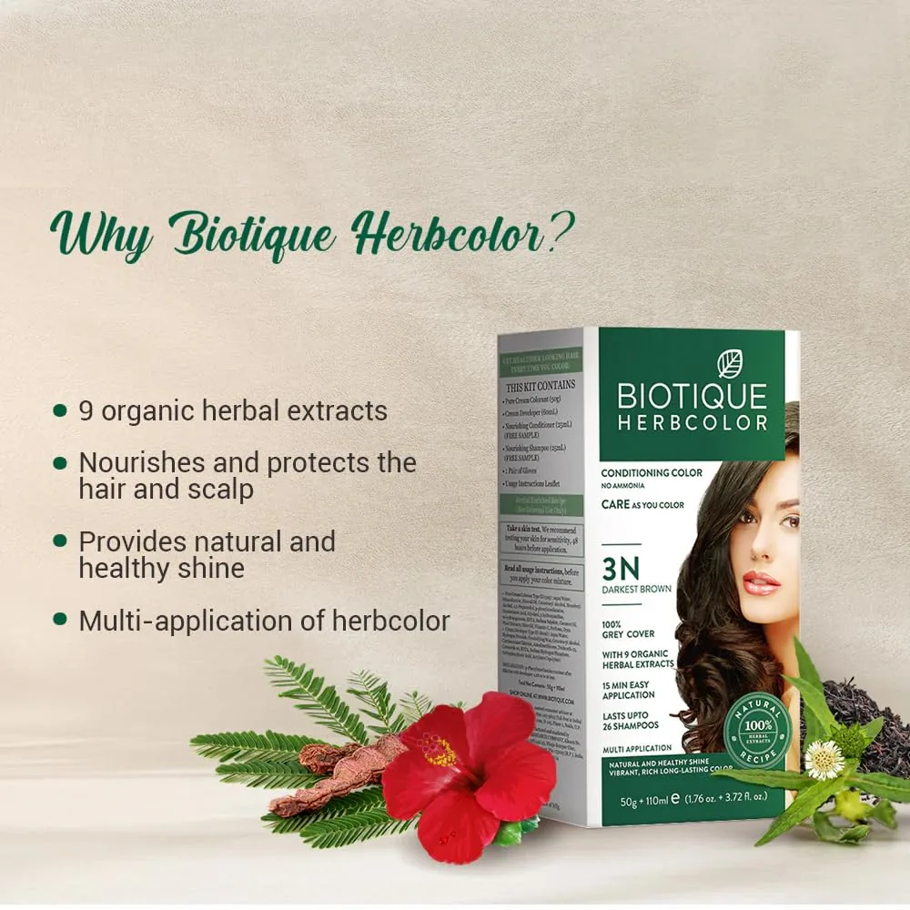Biotique Herbcolor 3N Darkest Brown | Botanical Hair Color Cream | Natural Shine and Nourishment-3