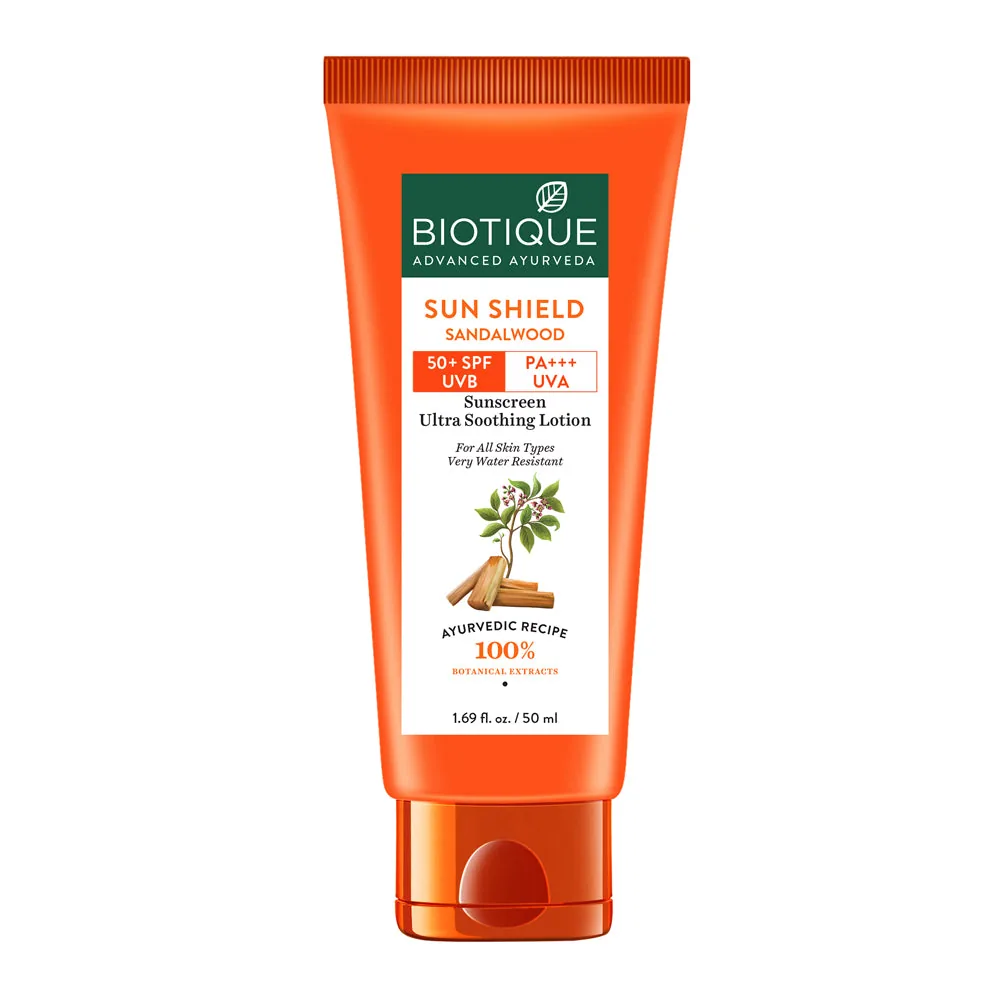 Biotique Sun Shield Sandalwood Ultra Protective Lotion 50+ SPF | Broad Spectrum UVA/UVB Sunscreen | Water Resistant Ayurvedic Formula