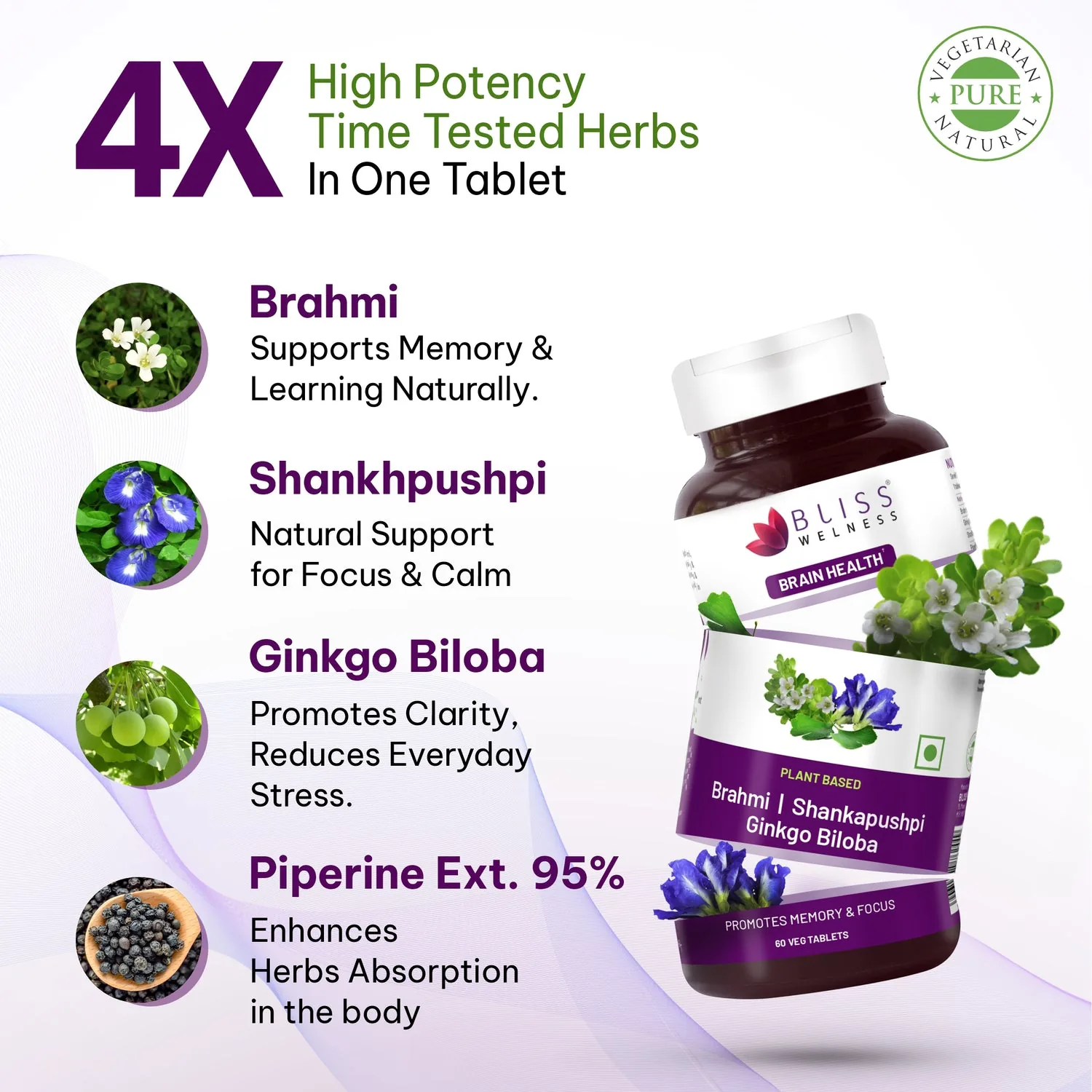 Bliss Welness Brahmi Shankpushpi Ginkgo Biloba Tablets | Natural Brain Booster | Nootropic Supplement for Memory and Focus-4
