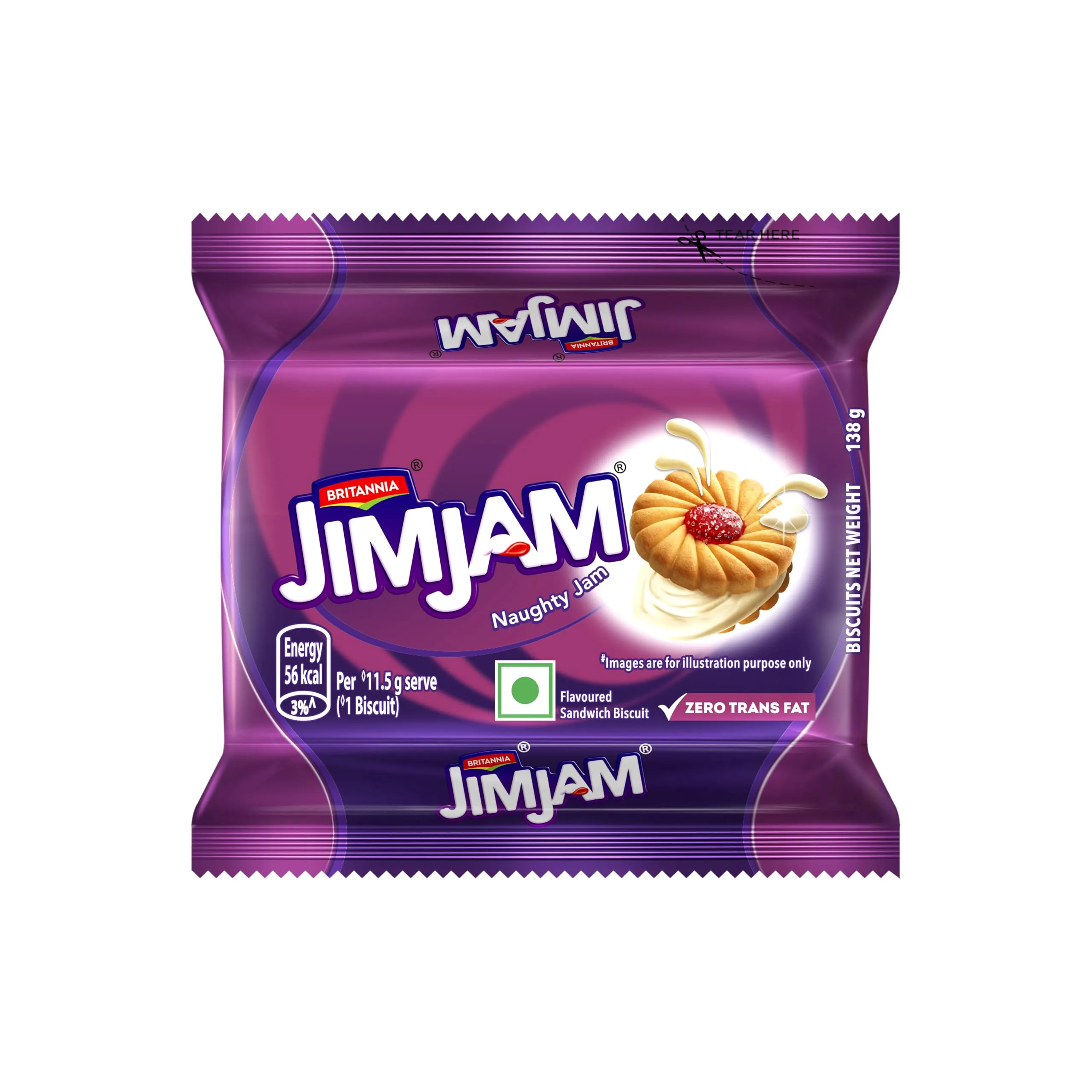 Britannia Treat Jim Jam | Cream Sandwich Biscuits | Sweet Vanilla and Fruit Jam Treat 138 gm
