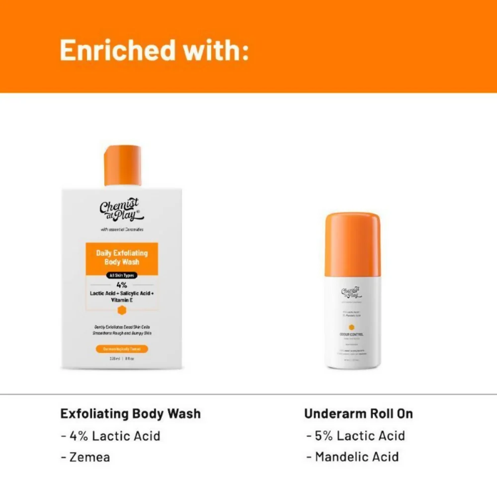 Chemist At Play Lactic Acid Exfoliating Body Wash & AHA Underarm Roll-On Combo | Gentle Exfoliation & Underarm Brightening Duo-1