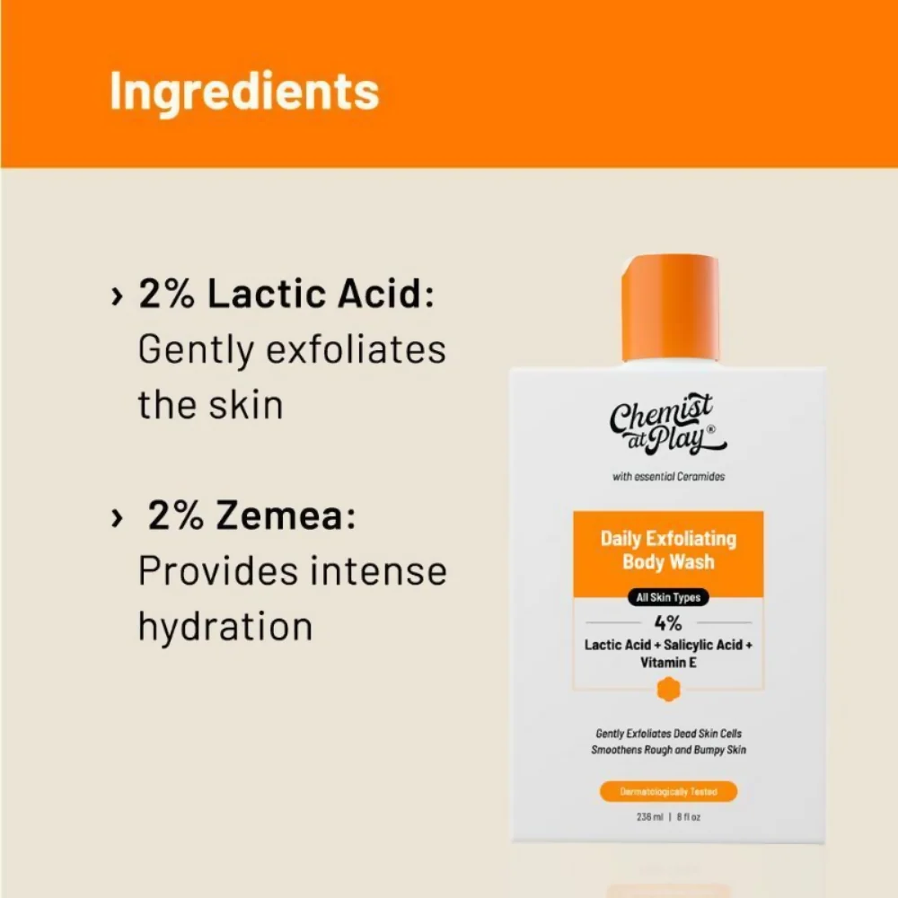 Chemist At Play Lactic Acid Exfoliating Body Wash & AHA Underarm Roll-On Combo | Gentle Exfoliation & Underarm Brightening Duo-2