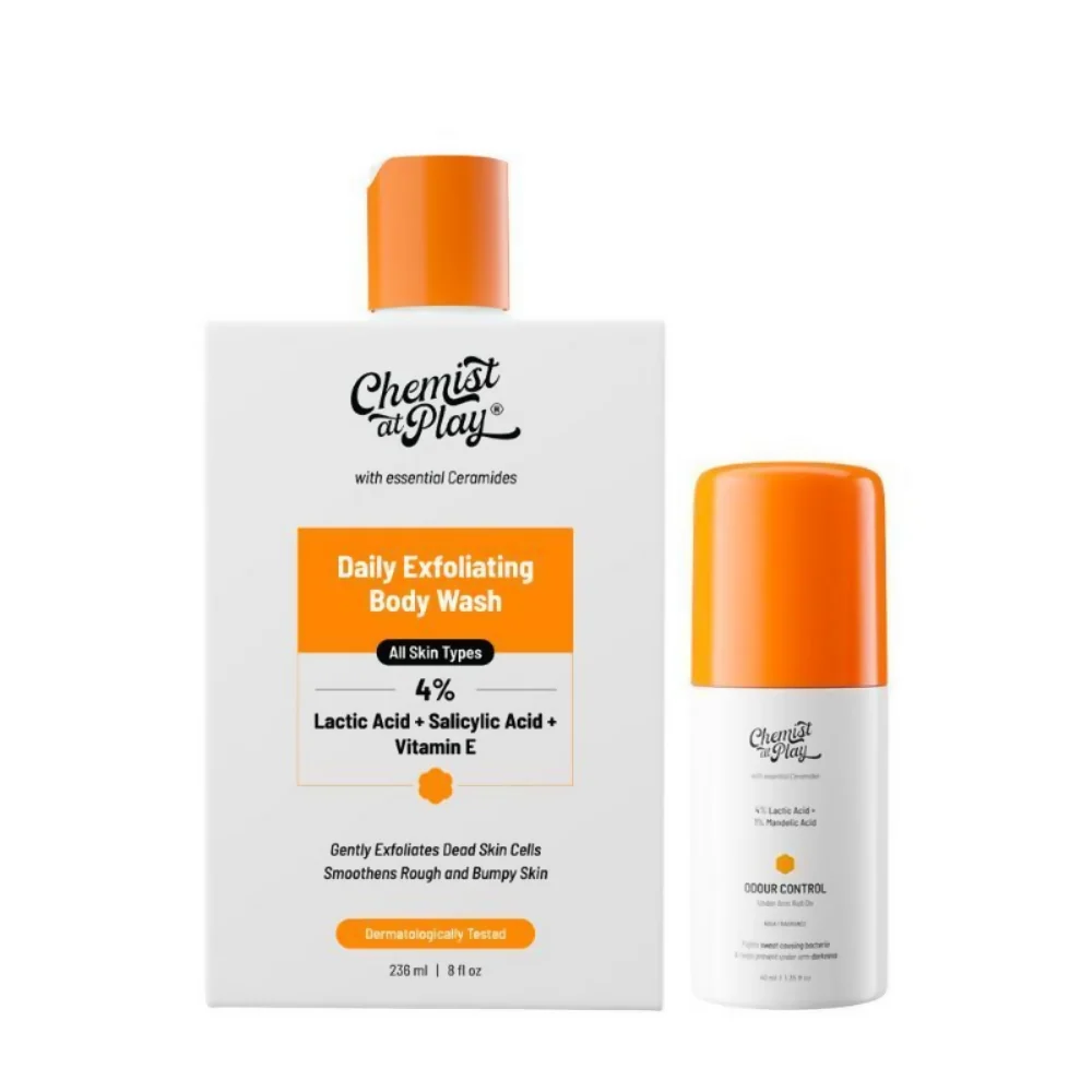 Chemist At Play Lactic Acid Exfoliating Body Wash & AHA Underarm Roll-On Combo | Gentle Exfoliation & Underarm Brightening Duo Chemist At Play Lactic Acid Exfoliating Body Wash & AHA Underarm Roll-On Combo | Gentle Exfoliation & Underarm Brightening Duo - combo of 2 (236 ml + 40 ml)