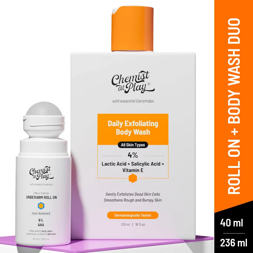 Chemist At Play Lactic Acid Exfoliating Body Wash & AHA Underarm Roll-On Combo | Gentle Exfoliation & Underarm Brightening Duo-2
