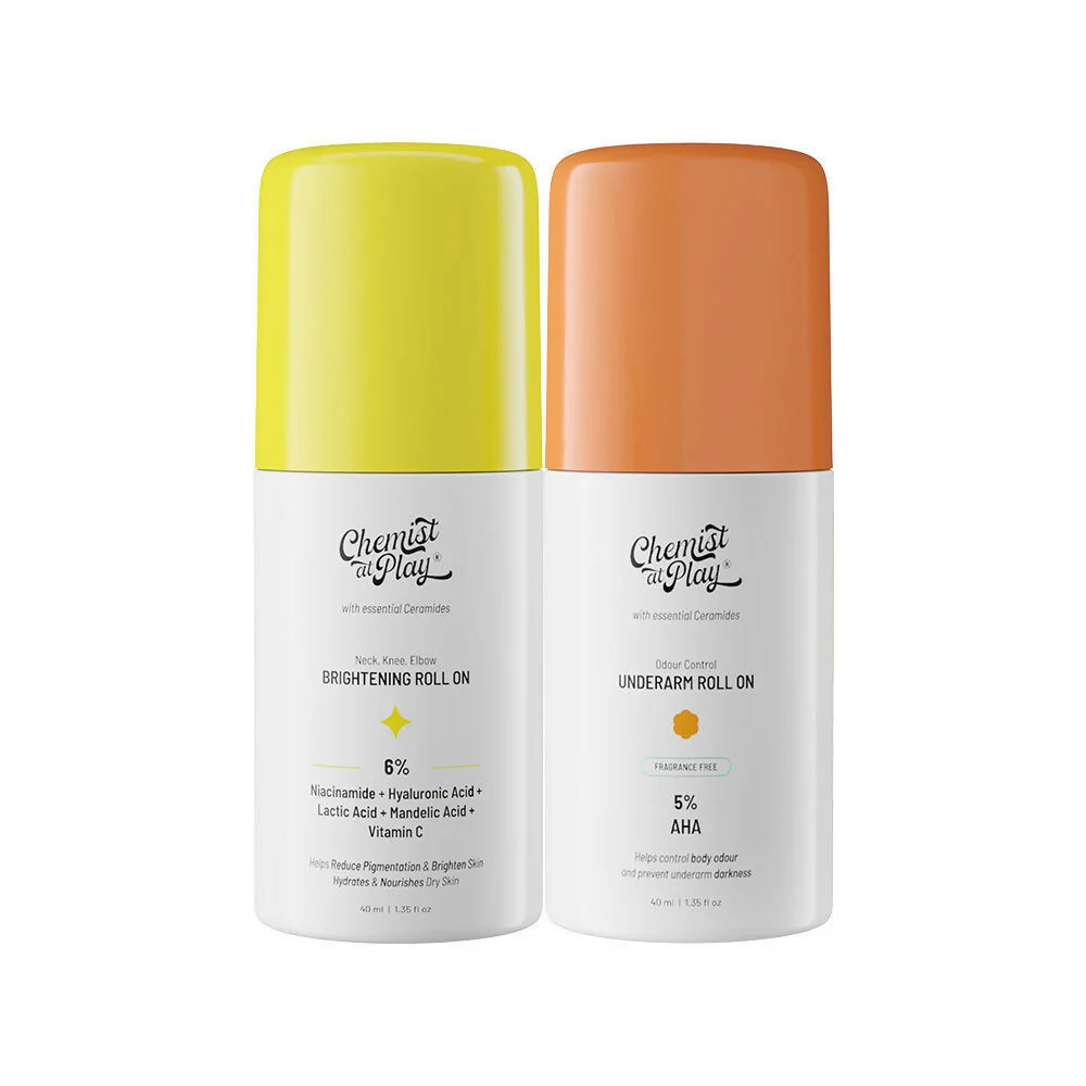 Chemist At Play Neck, Knee & Elbow Brightening + Under-Arm Roll-On Combo | Body Pigmentation Care | Lactic Acid & Vitamin C Formula Chemist At Play Neck, Knee & Elbow Brightening + Under-Arm Roll-On Combo | Body Pigmentation Care | Lactic Acid & Vitamin C Formula - combo of 2 (40 ml + 40 ml)