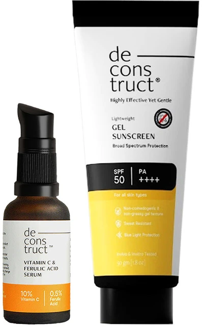 Deconstruct Sun Protect Duo | Vitamin C Face Serum and Gel Sunscreen Combo | Brightening and UV Protection Deconstruct Sun Protect Duo | Vitamin C Face Serum and Gel Sunscreen Combo | Brightening and UV Protection - combo of 2 (30 ml + 50 gm)