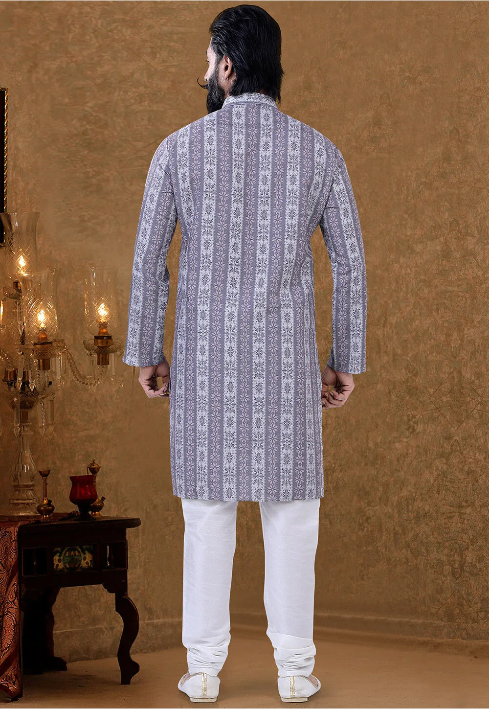 Digital Printed Cotton Kurta Set in Grey-12