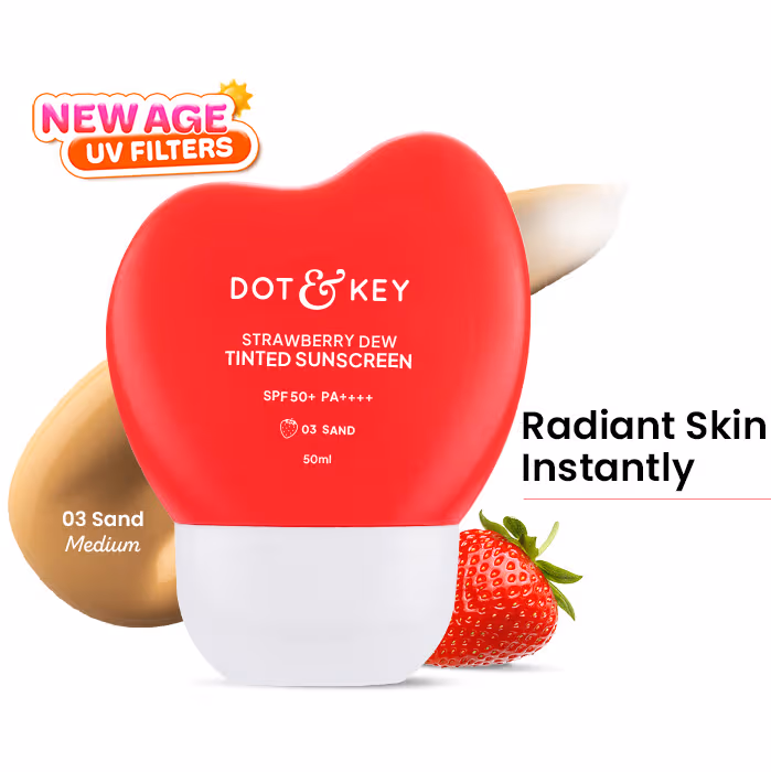 Dot & Key Strawberry Dew Tinted Sunscreen SPF 50+ PA++++ 03 Sand | Daily Sun Protection with Dewy Tint Dot & Key Strawberry Dew Tinted Sunscreen SPF 50+ PA++++ 03 Sand | Daily Sun Protection with Dewy Tint - 50 ml