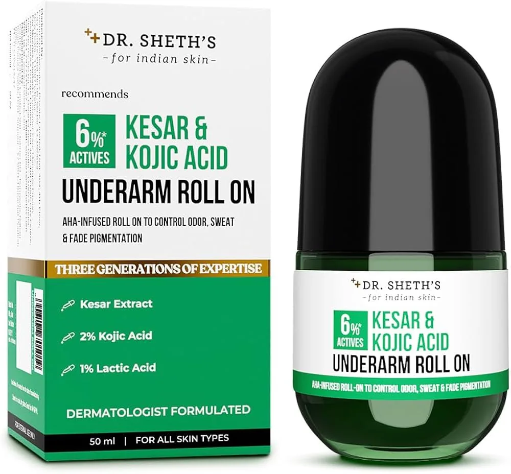 Dr. Sheth's Kesar & Kojic Acid Underarm Roll-on | 6% Actives AHA & Niacinamide | Odor Control & Pigmentation Fading Dr. Sheth's Kesar & Kojic Acid Underarm Roll-on | 6% Actives AHA & Niacinamide | Odor Control & Pigmentation Fading - 50 ml
