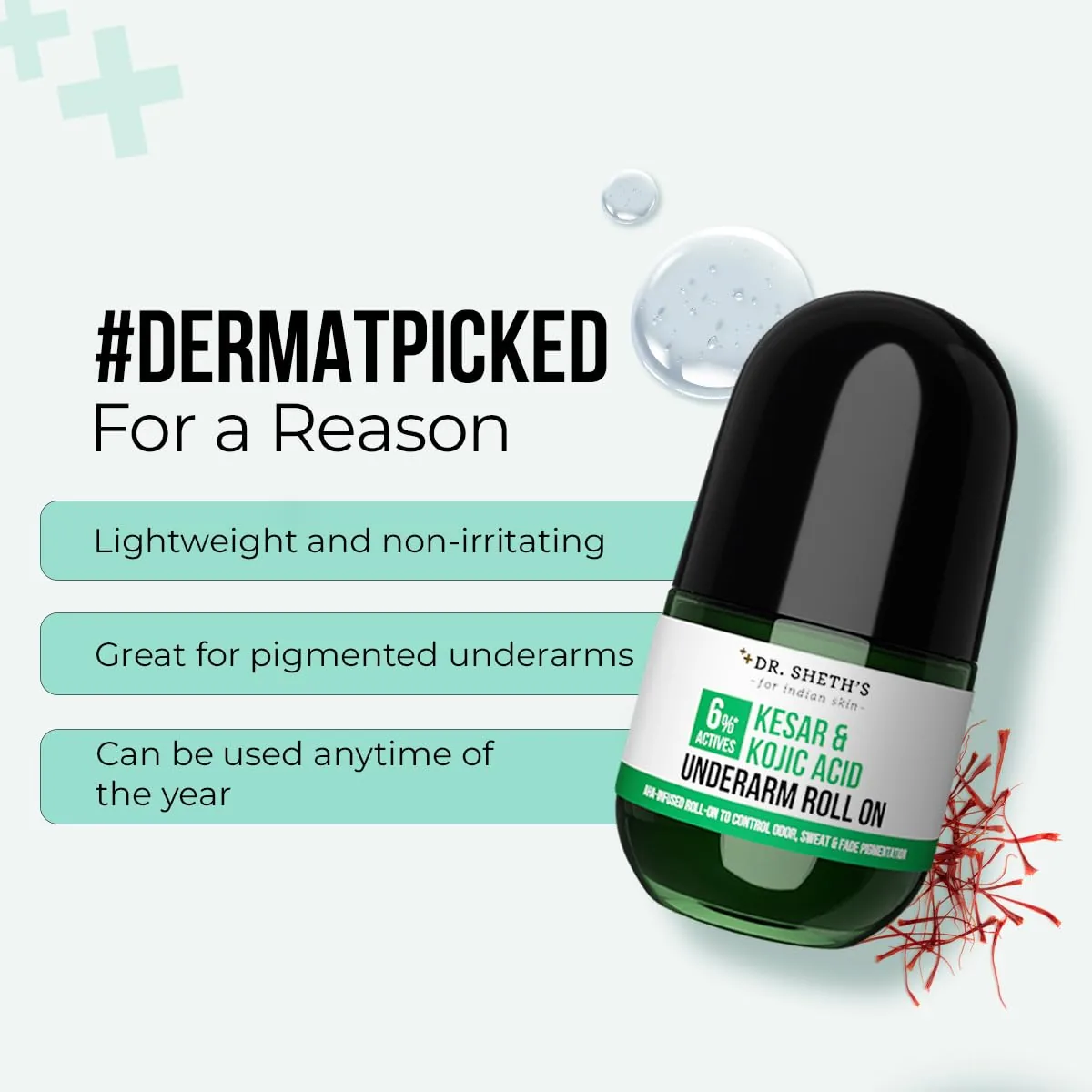Dr. Sheth's Kesar & Kojic Acid Underarm Roll-on | 6% Actives AHA & Niacinamide | Odor Control & Pigmentation Fading-4