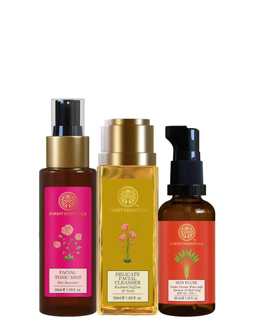 Forest Essentials Everyday Sun Protection (SPF) Ritual Combo | Ayurvedic 3-Step Skincare Set | Hydrating Cleanser, Toner, and SPF 50 Sunscreen-1