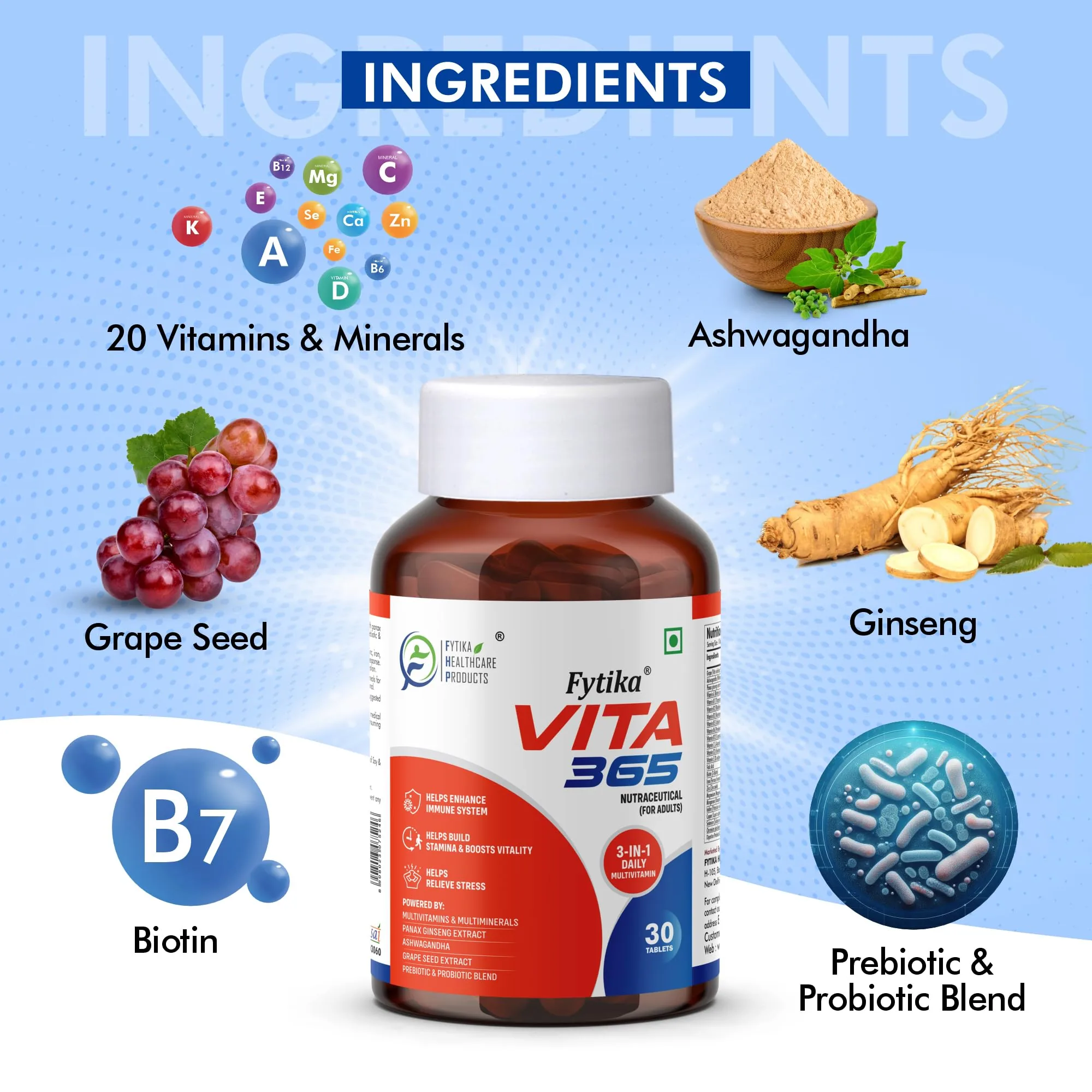 Fytika Vita 365 Tablets | 3-in-1 Daily Multivitamin | Energy, Gut Health & Stress Support-2