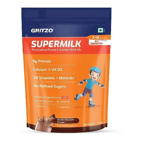 Gritzo SuperMilk Height+ for 7-12 Years Boys | Nutritional Protein Drink | Double Chocolate Flavor-2