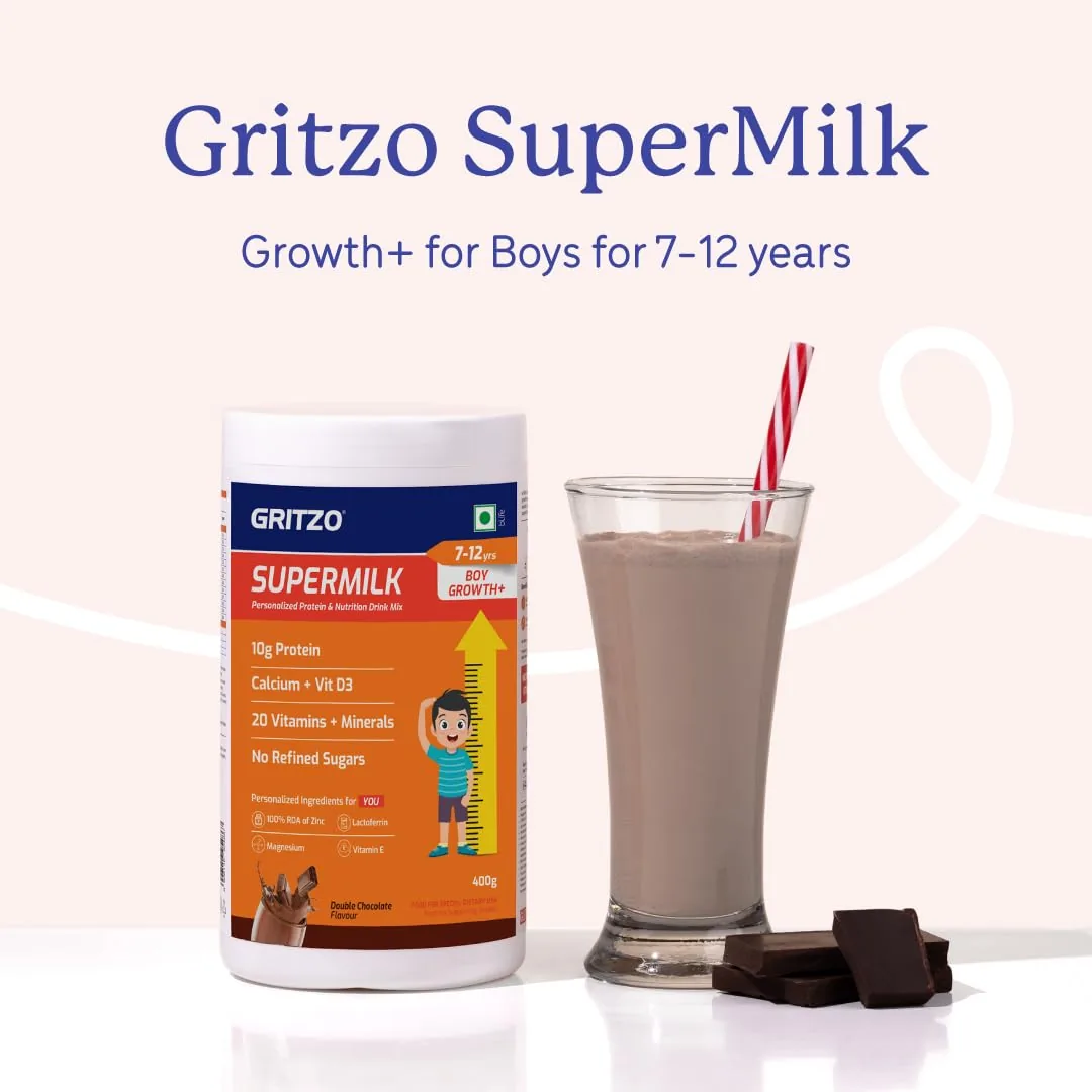 Gritzo SuperMilk Height+ for 7-12 Years Boys | Nutritional Protein Drink | Double Chocolate Flavor-3
