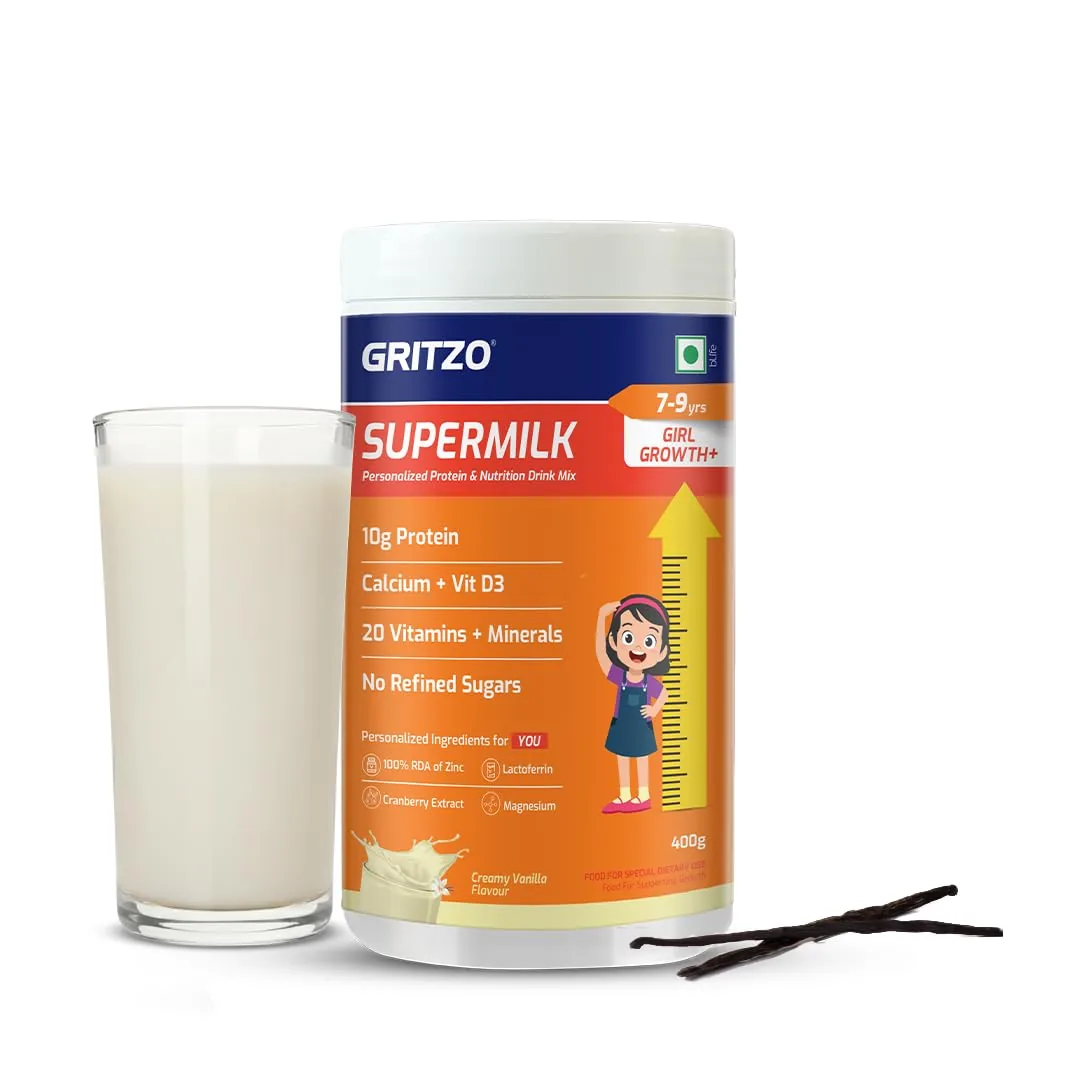 Gritzo SuperMilk Height+ (7-12y Girls) | Personalized Protein Nutrition Drink | Creamy Vanilla Flavor 400 gm