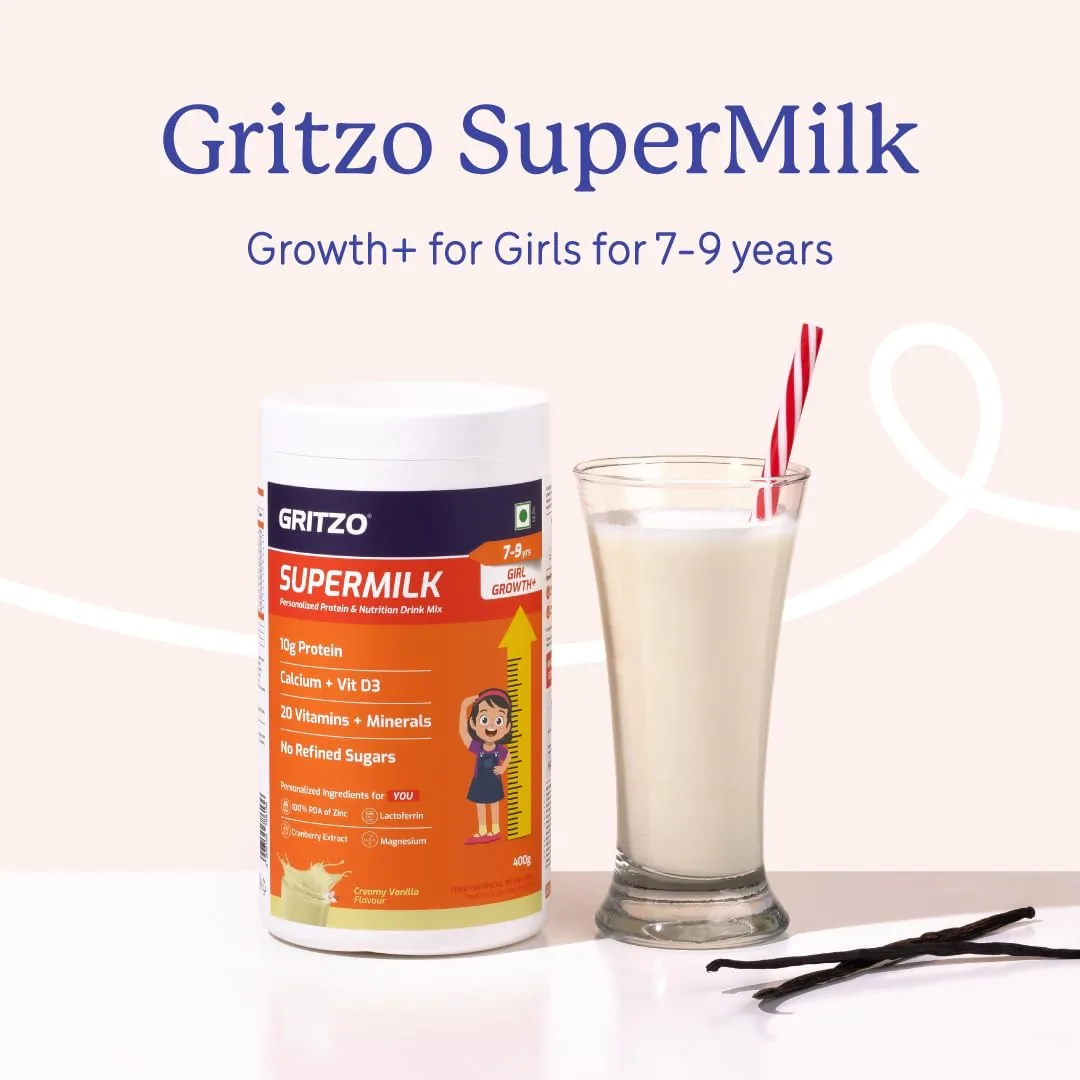 Gritzo SuperMilk Height+ (7-12y Girls) | Personalized Protein Nutrition Drink | Creamy Vanilla Flavor-3