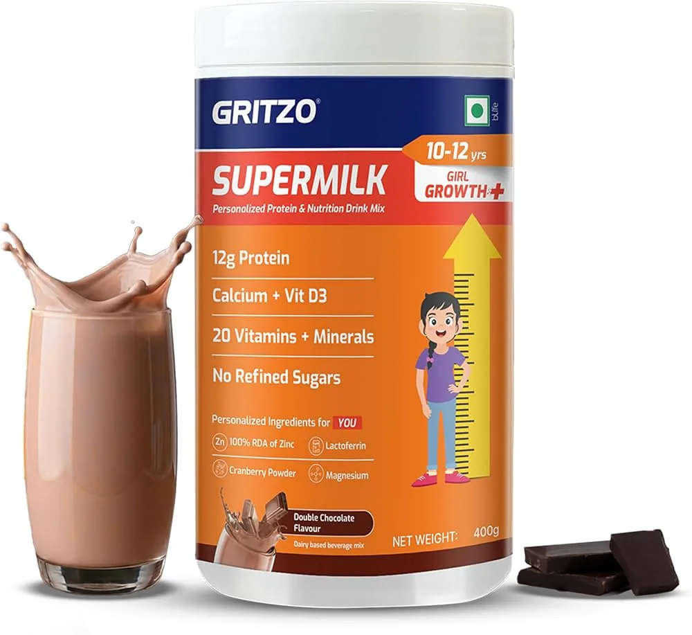 Gritzo SuperMilk Height+ Health Drink for 10-12y Girls | Double Chocolate Nutrition Powder | Bone Growth & Immunity Support
