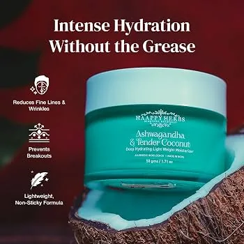 Haappyherbs Ashwagandha & Tender Coconut Deep Hydrating Light Weight Moisturizer | Ayurvedic Face Cream | Daily Hydration & Acne Prevention-3