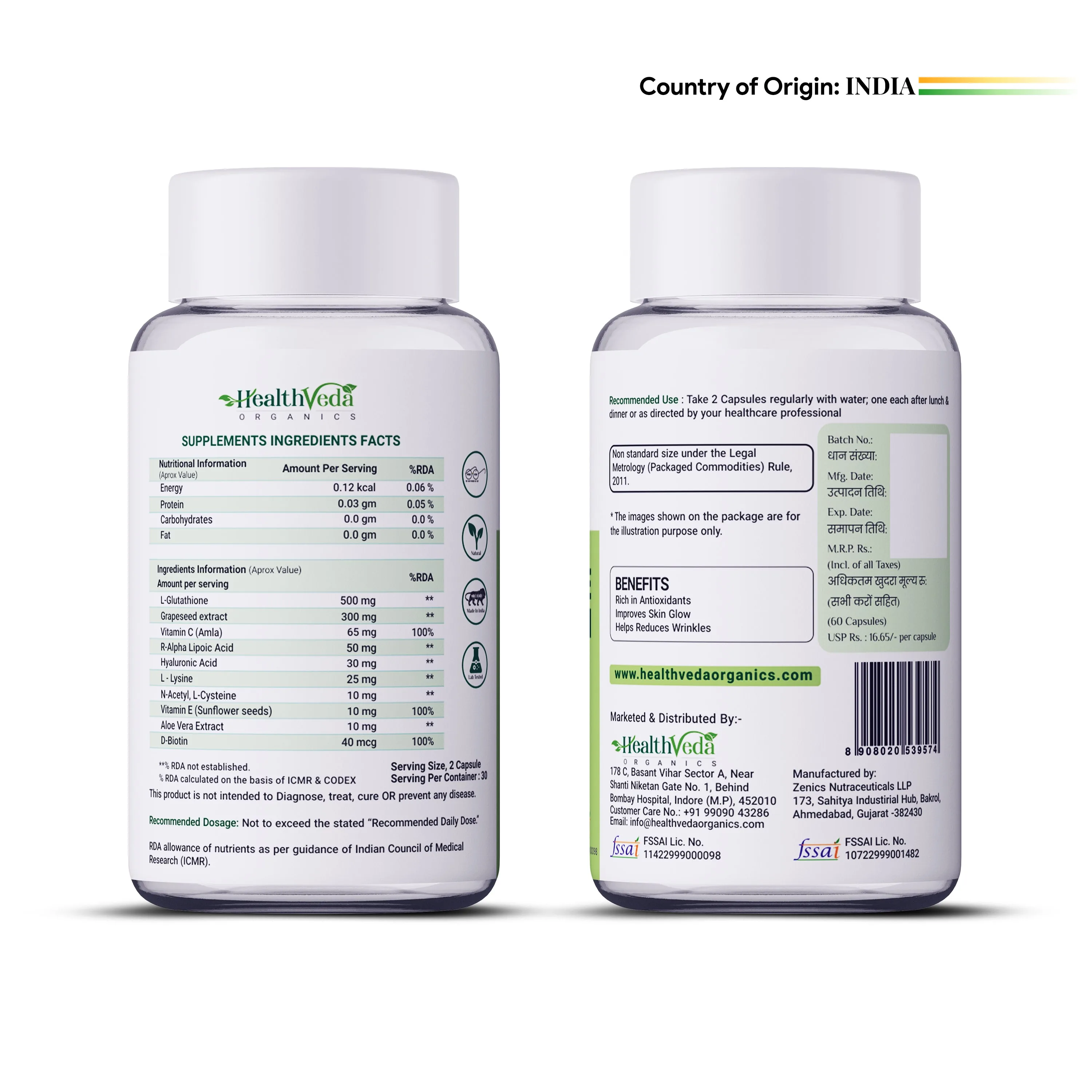 Health Veda Organics L-Glutathione Capsules | Antioxidant Skin Glow Supplement | Hyaluronic Acid & Biotin Infused-2