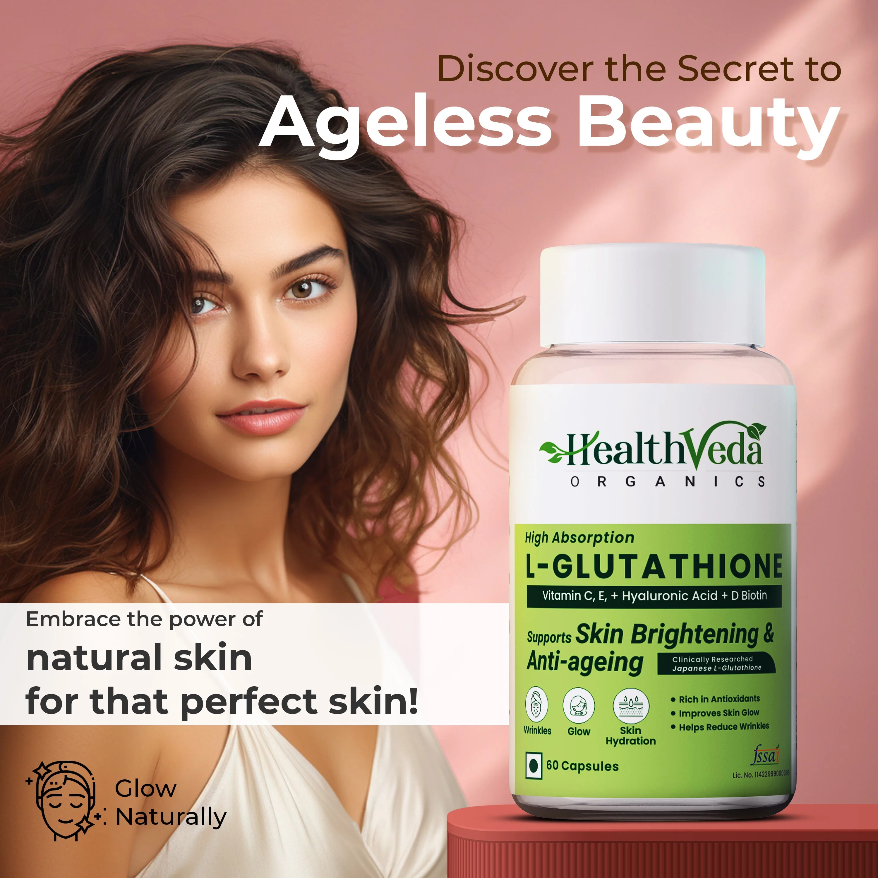 Health Veda Organics L-Glutathione Capsules | Antioxidant Skin Glow Supplement | Hyaluronic Acid & Biotin Infused-3