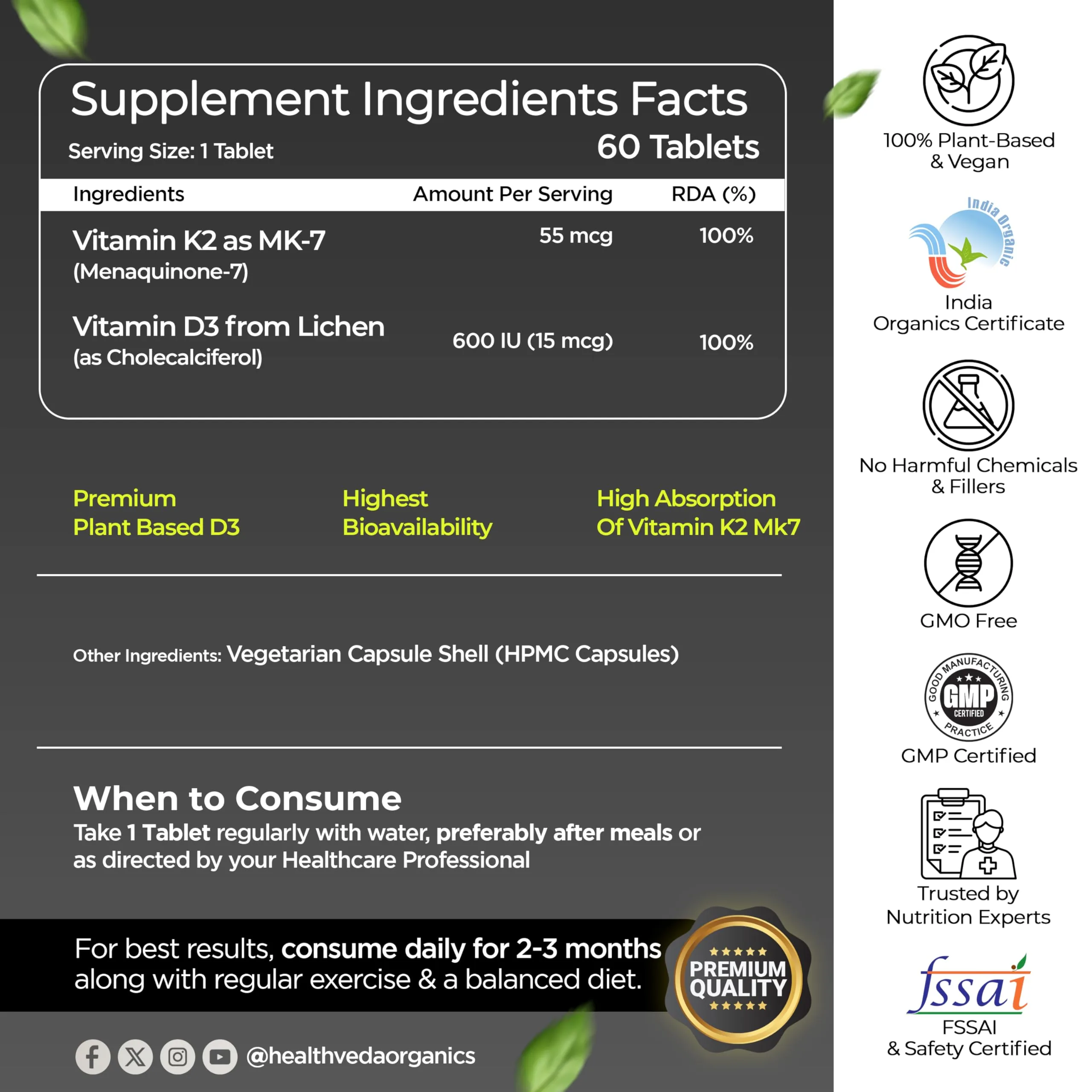 Health Veda Organics Vitamin D3 + K2 Tablets | Plant-Based Bone & Joint Support | Vegan & Gluten-Free-2