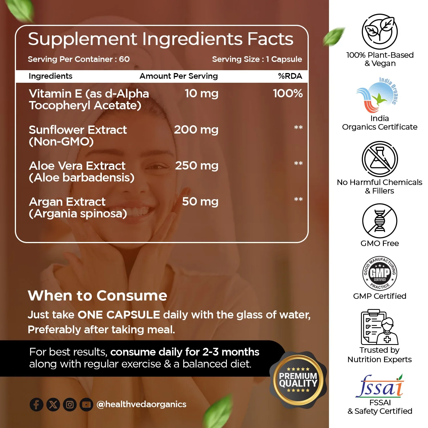 Health Veda Organics Vitamin E Capsules | Plant-Based Supplement | For Glowing Skin & Hair Growth-2