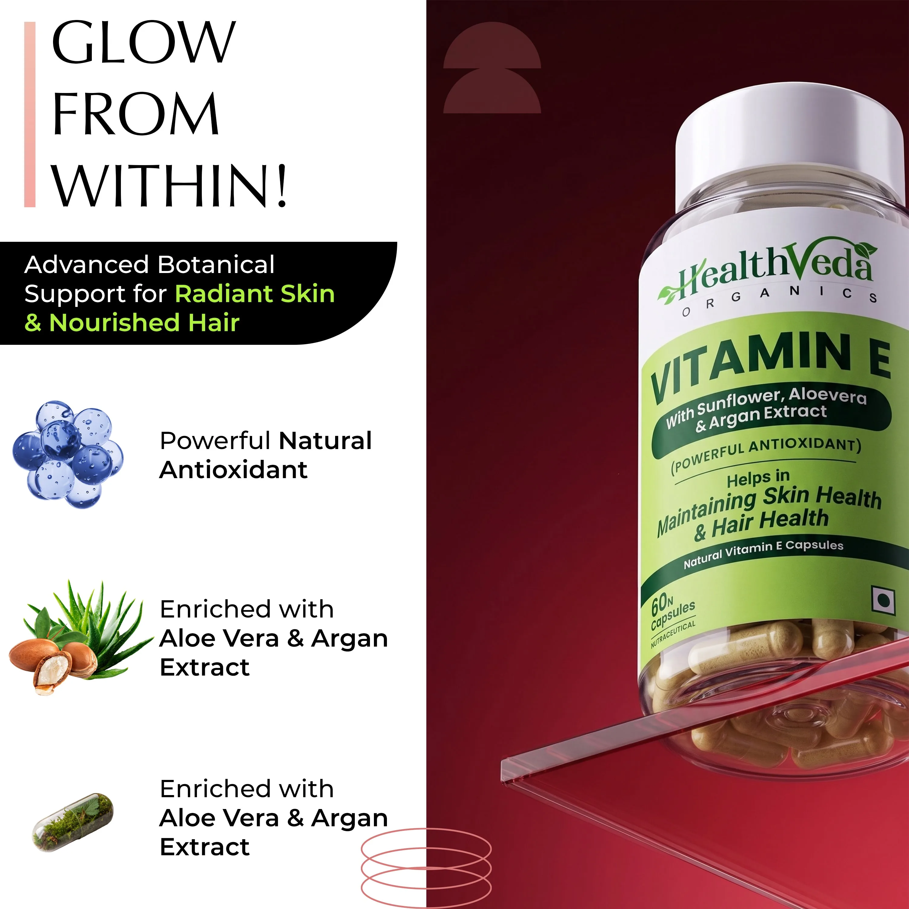 Health Veda Organics Vitamin E Capsules | Plant-Based Supplement | For Glowing Skin & Hair Growth-3