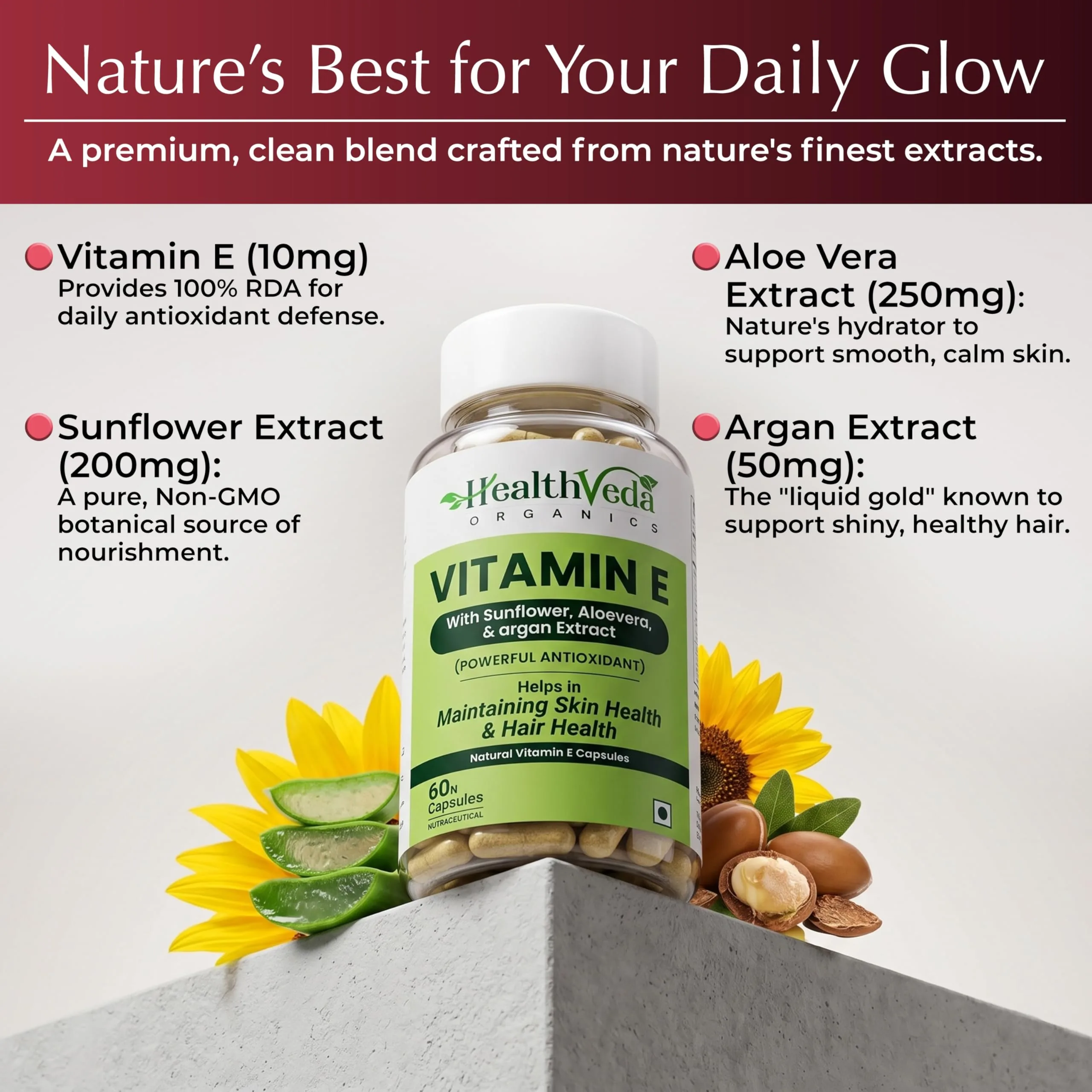 Health Veda Organics Vitamin E Capsules | Plant-Based Supplement | For Glowing Skin & Hair Growth-5