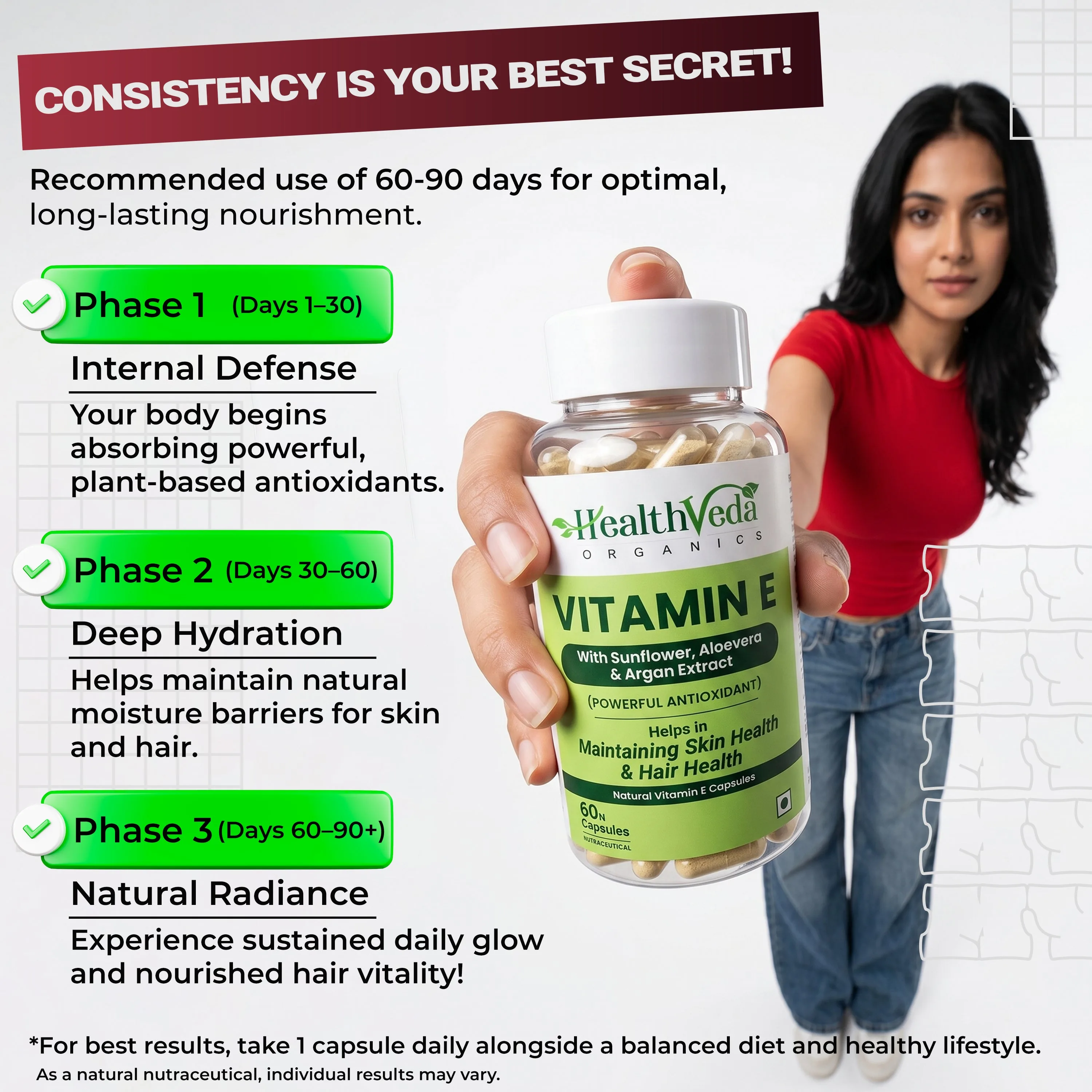 Health Veda Organics Vitamin E Capsules | Plant-Based Supplement | For Glowing Skin & Hair Growth-6