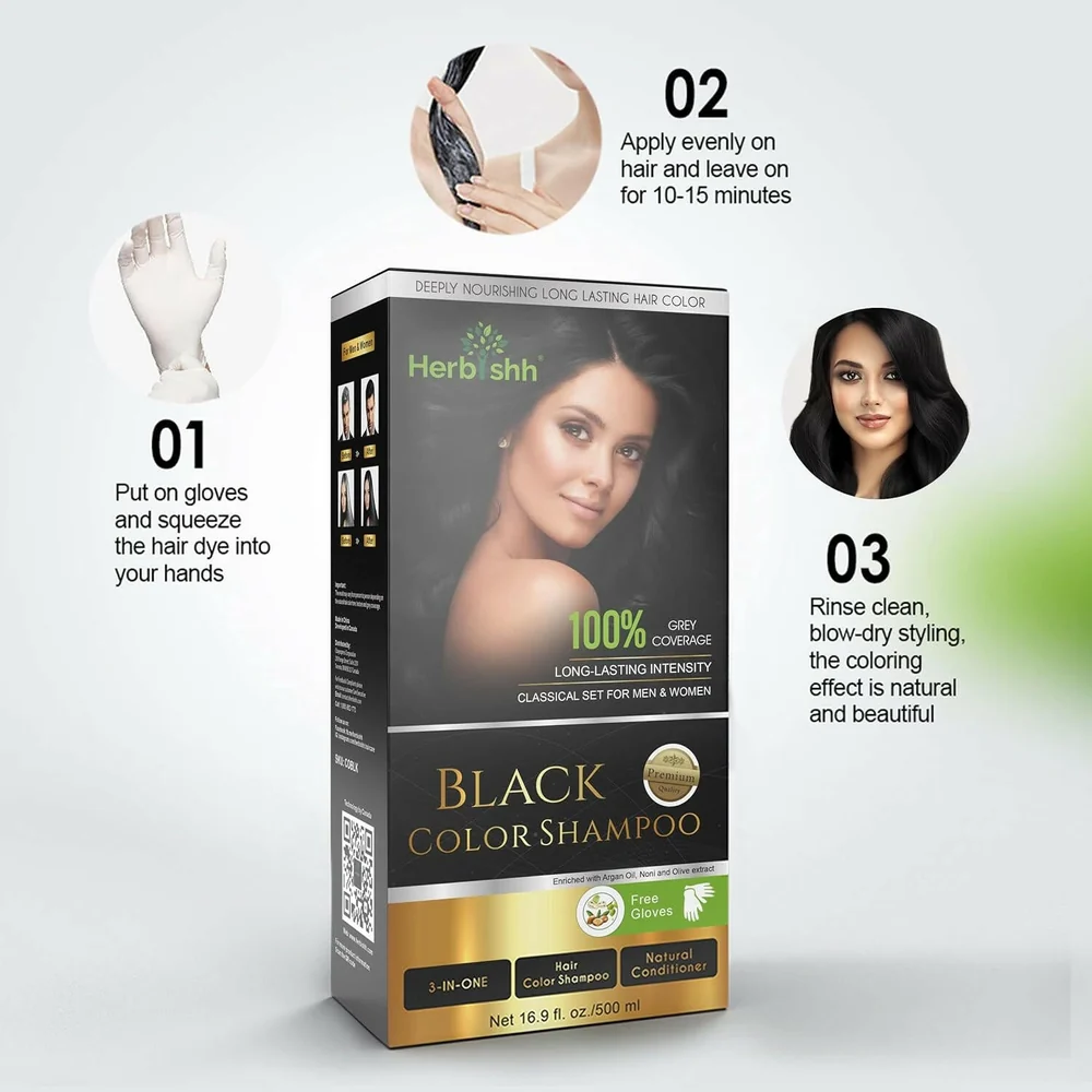 Herbishh Black Hair Color Shampoo | 3-in-1 Hair Dye | Ammonia-Free Grey Coverage-3