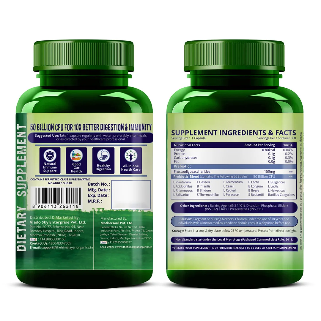Himalayan Organics Probiotics Supplement 50 Billion CFU | Prebiotics Vegetarian Capsules | Gut Health & Immunity Support-2