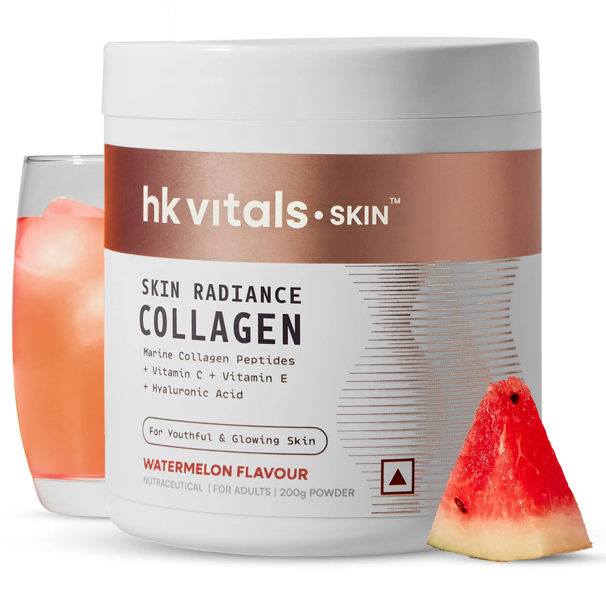 HK Vitals Skin Radiance Collagen Powder | Marine Collagen Peptides with Hyaluronic Acid | Watermelon Flavor for Skin Glow 200 gm
