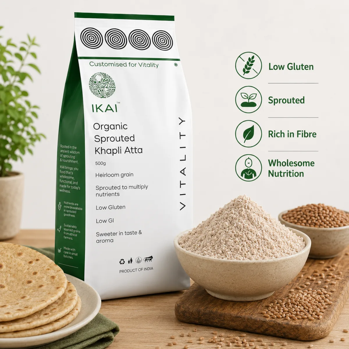 IKAI Organic Sprouted Khapli Atta | Stone-Ground Emmer Wheat Flour | Low Glycemic Index & Easy Digestibility-3