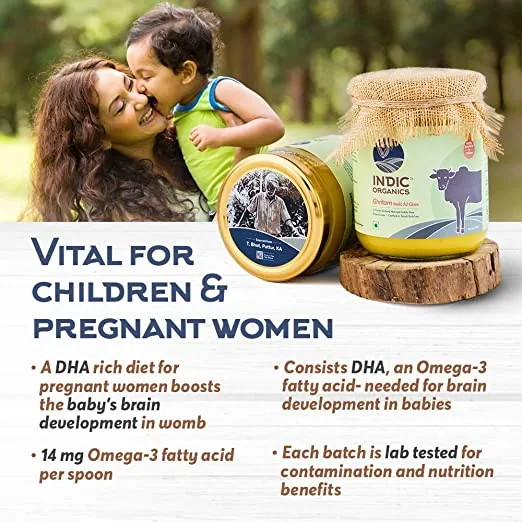 Indic Organics Forest Grazing Malnad Gidda Desi Cow's A2 Ghee | Pure Bilona Cultured Ghee | Rich in Omega-3 & DHA-6