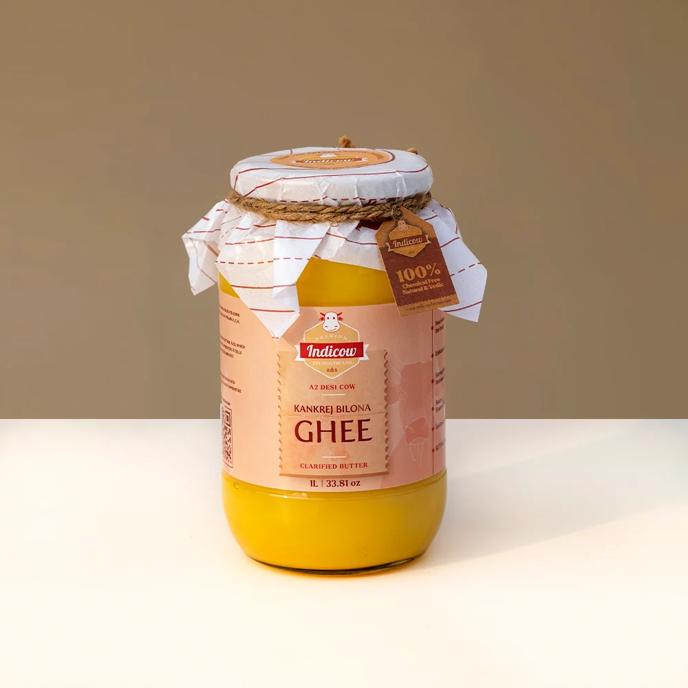 Indicow Foods Kankrej Bilona A2 Cow Ghee | 100% Desi Cultured Ghee | Traditional Wooden Churned Butter Ghee Indicow Foods Kankrej Bilona A2 Cow Ghee | 100% Desi Cultured Ghee | Traditional Wooden Churned Butter Ghee - 1 L