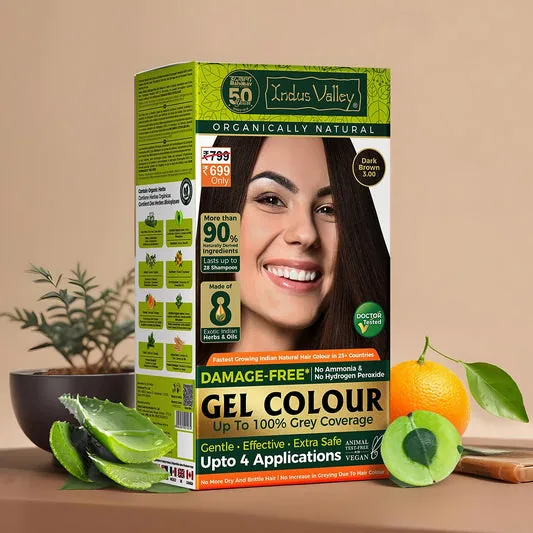 Indus Valley Damage-Free Gel Hair Color - Dark Brown | Semi-Permanent Hair Colour | Ammonia-Free Herbal Gel (200 ml + 20 gm)
