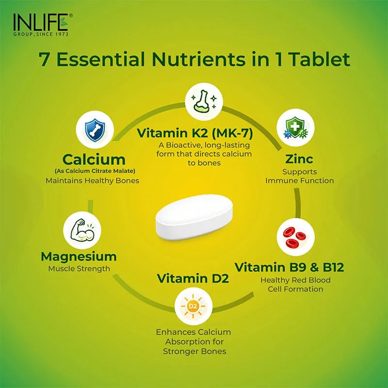 Inlife Calcium Zinc Magnesium Vitamin D2+K2 Tablets | Complete Bone Support Formula | Vegetarian Joint & Muscle Supplement-2