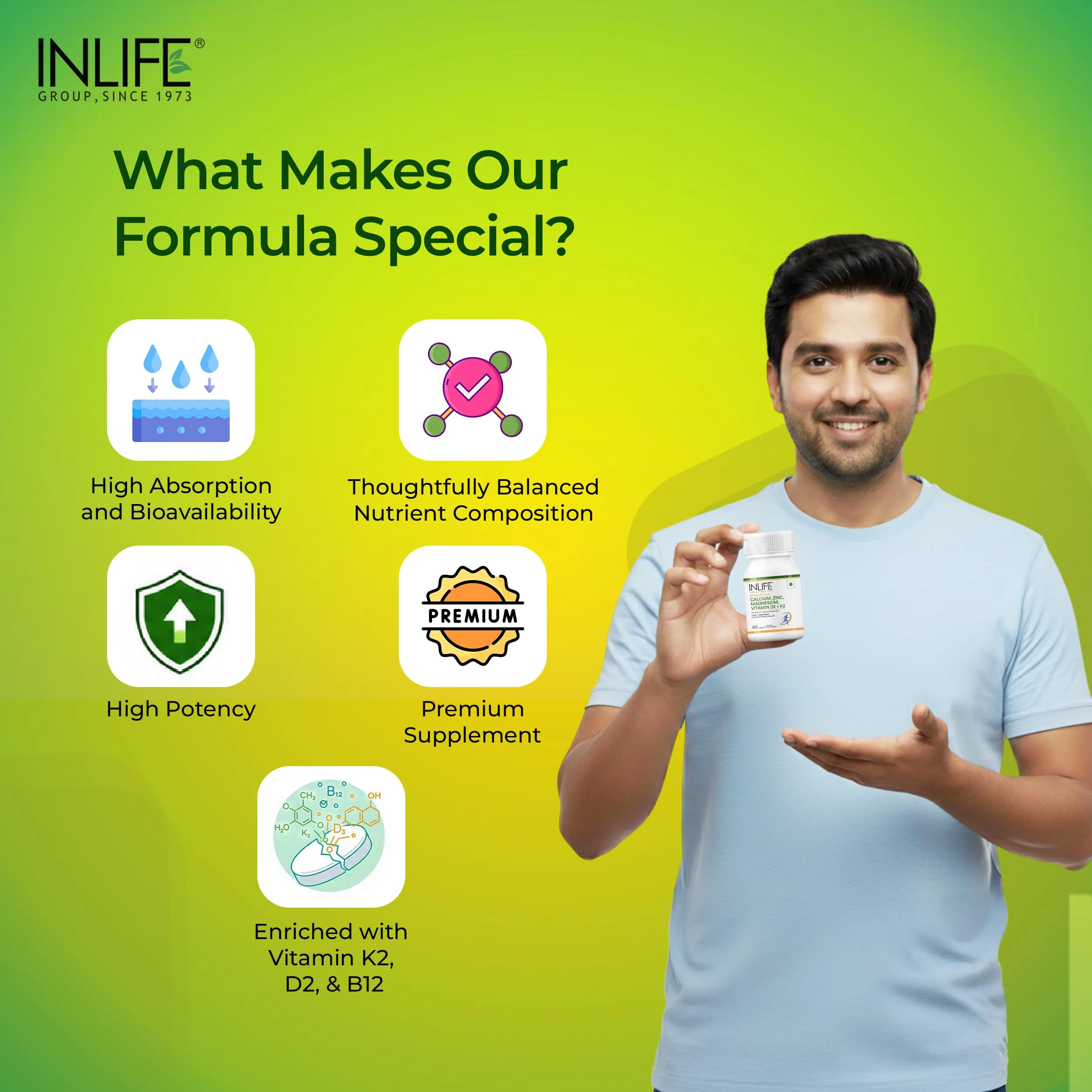 Inlife Calcium Zinc Magnesium Vitamin D2+K2 Tablets | Complete Bone Support Formula | Vegetarian Joint & Muscle Supplement-4