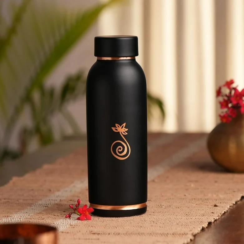 Isha Life Compact Copper Water Bottle (Coated) | Ayurvedic Wellness Drinkware | Leak-Proof Matte Black Design-2