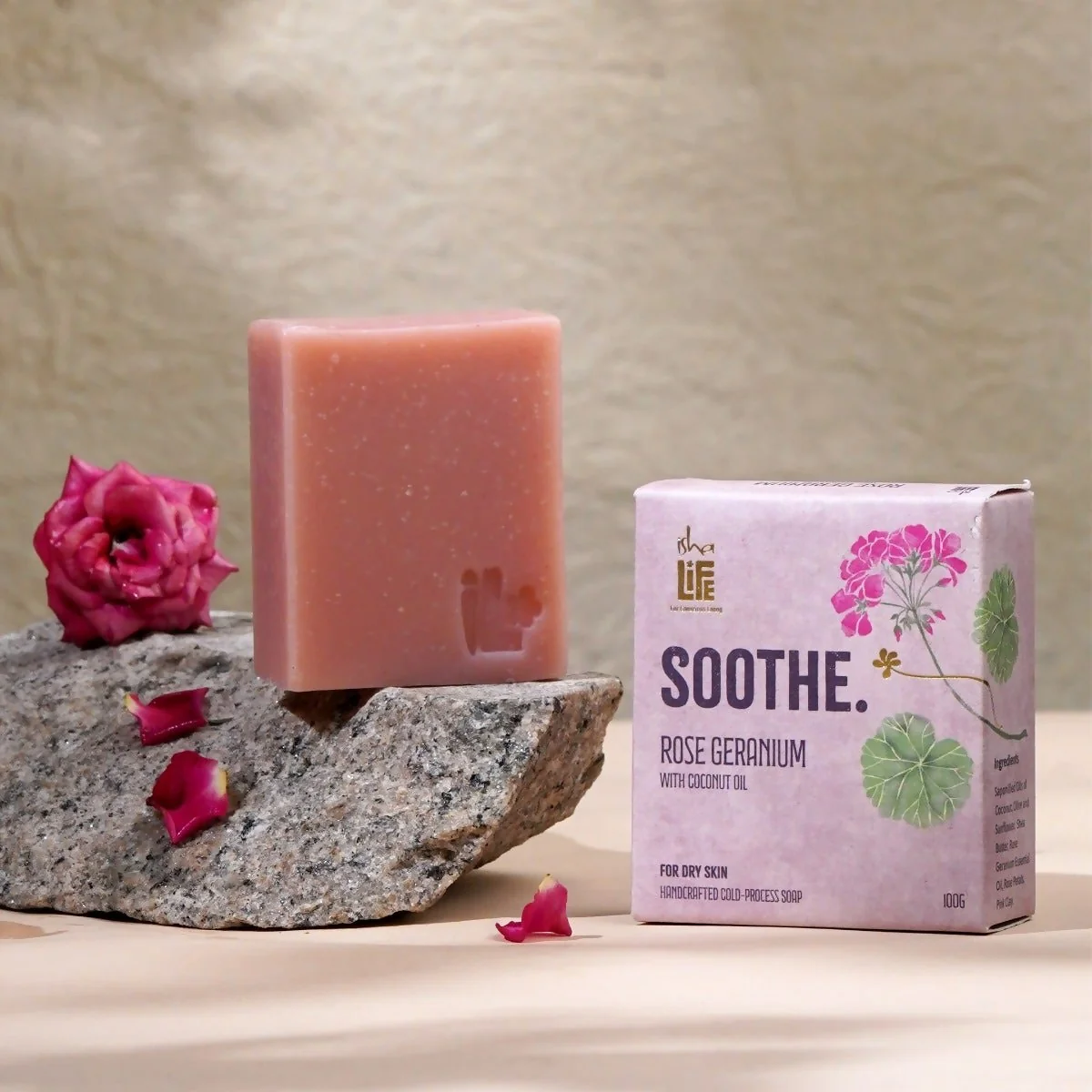 Isha Life Soothe Rose Geranium With Coconut Oil Handcrafted Soap | Cold-Process Bathing Bar | Natural Pink Clay & Shea Butter-1