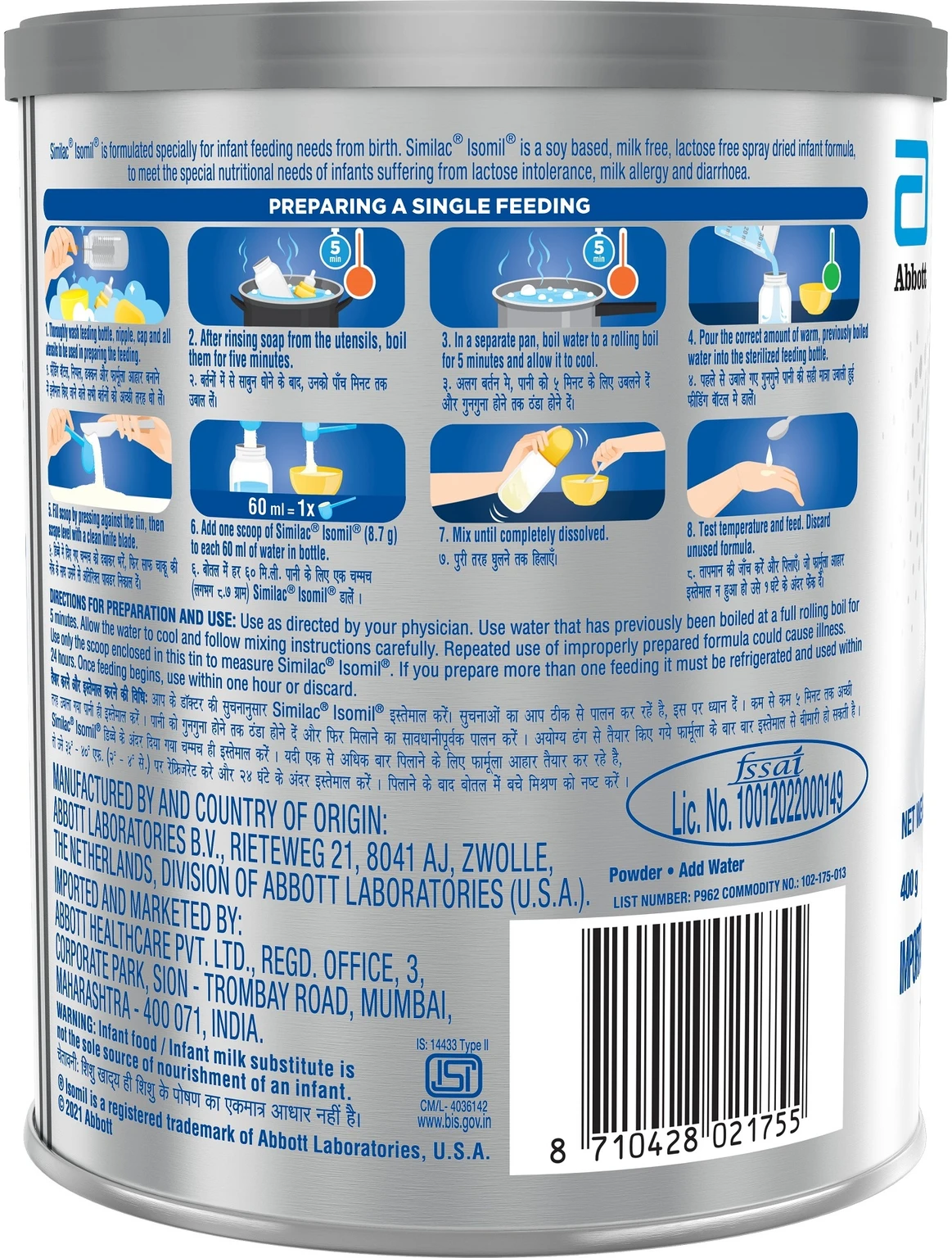 Back label of Abbott Similac Isomil tin showing single feeding preparation steps and manufacturer details