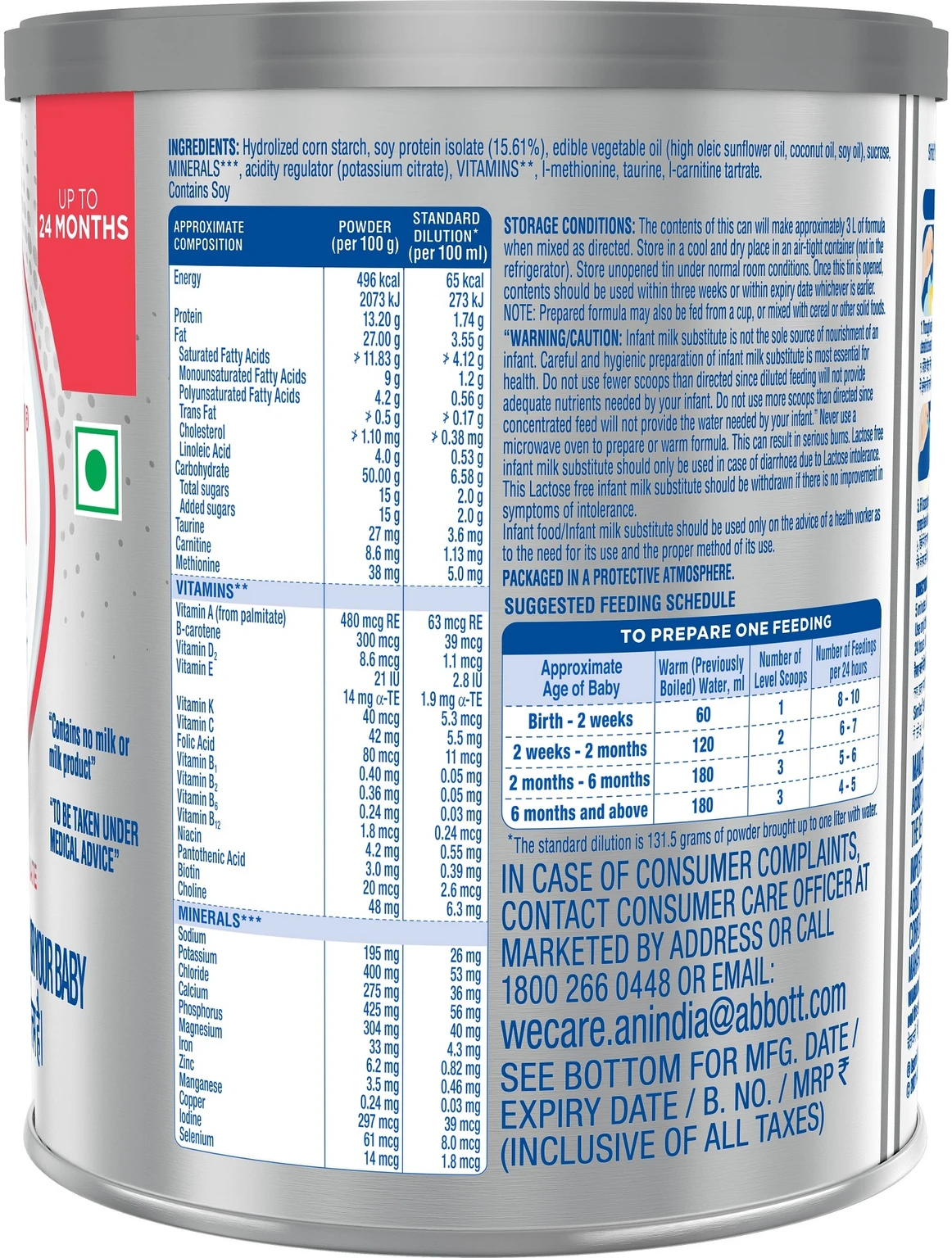 Nutritional composition analysis chart and suggested feeding schedule table on Similac Isomil soy formula tin