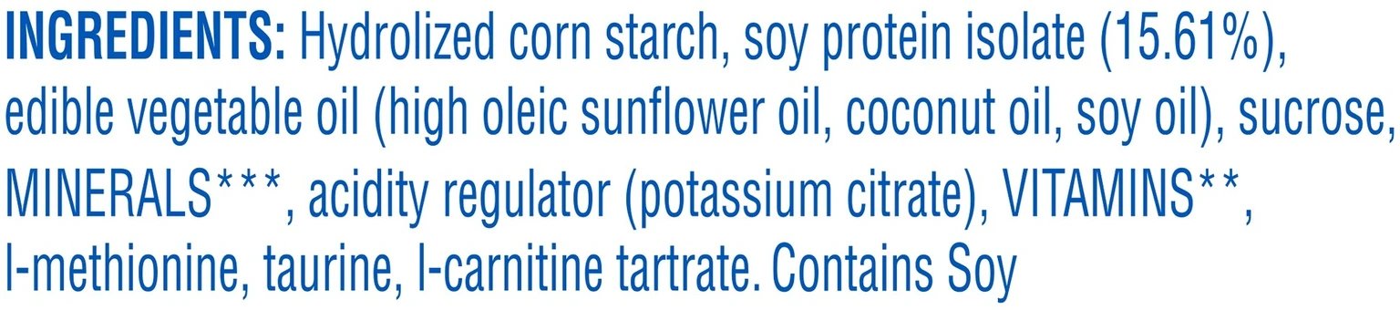 Close-up text of Similac Isomil ingredients list including hydrolyzed corn starch soy protein isolate vegetable oils and essential minerals