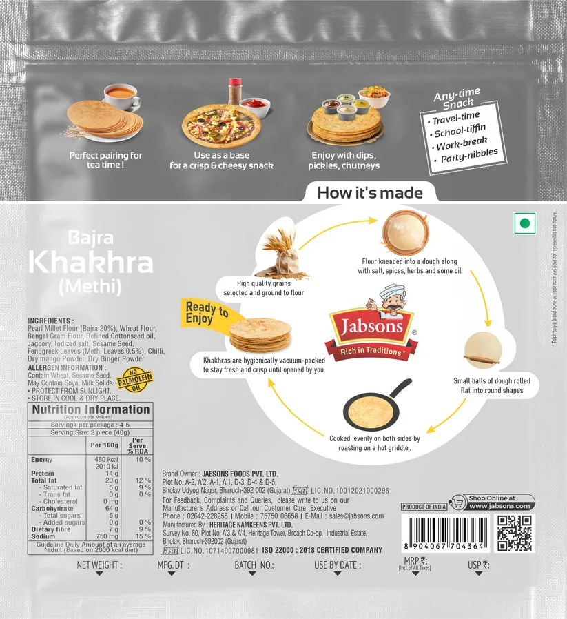 Jabsons Bajra Methi Khakhra Vacc Pack-4